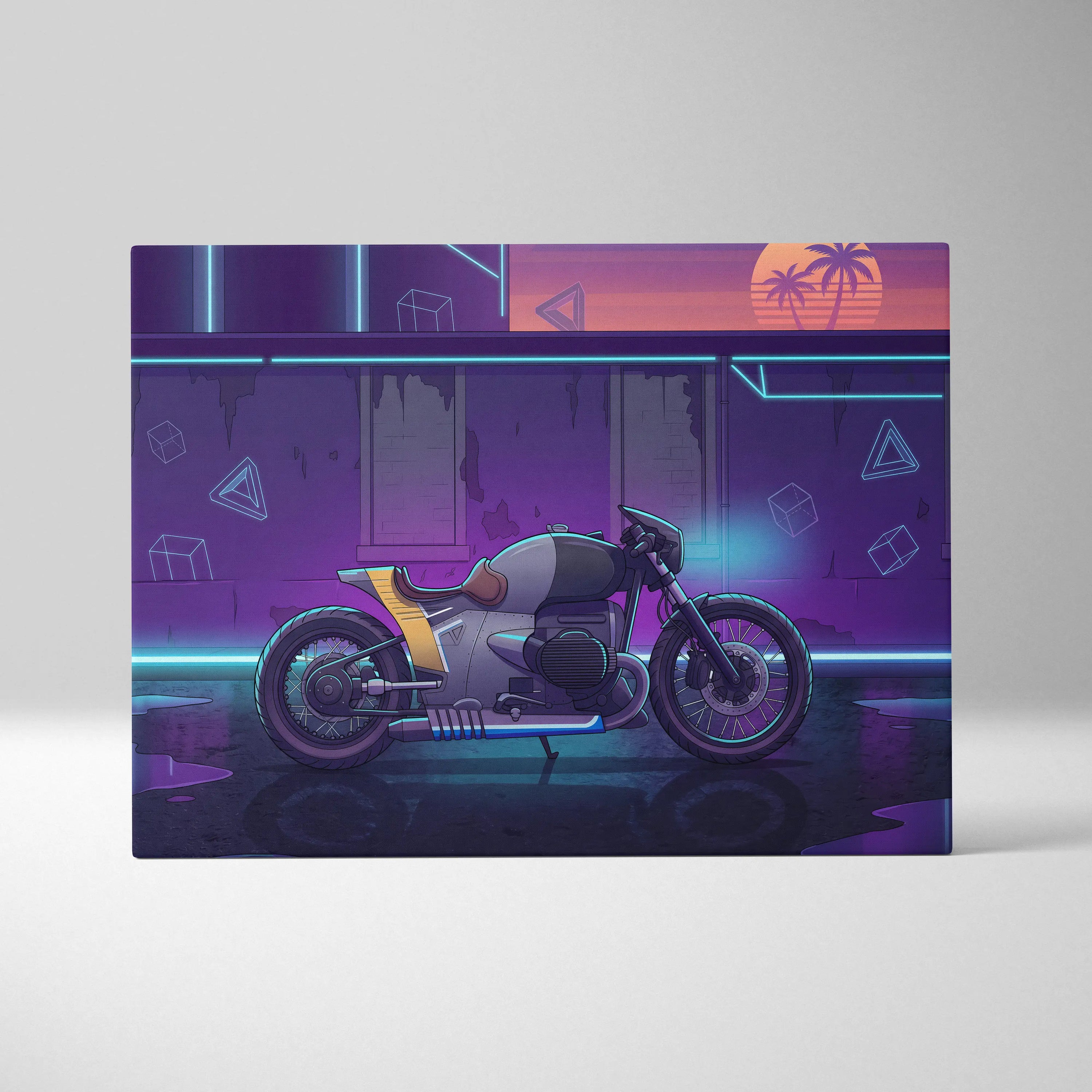 Custom BMW R nineT Inspired Gray Purple Motorcycle Canvas Wall Art Vaporwave Neon Cafe Racer Artwork for Garage Decor Retro Futuristic Print