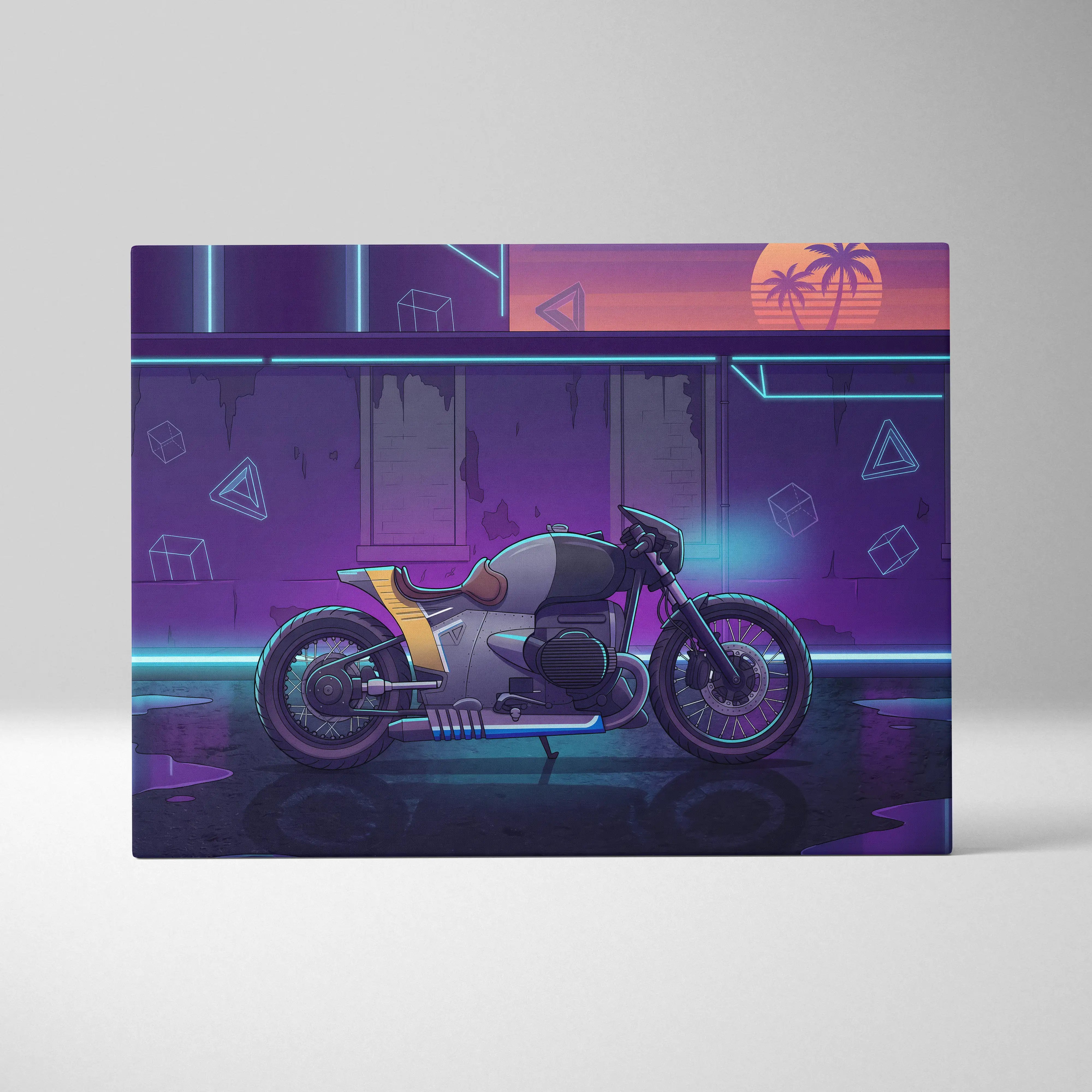 Custom BMW R nineT Inspired Gray Purple Motorcycle Canvas Wall Art Vaporwave Neon Cafe Racer Artwork for Garage Decor Retro Futuristic Print