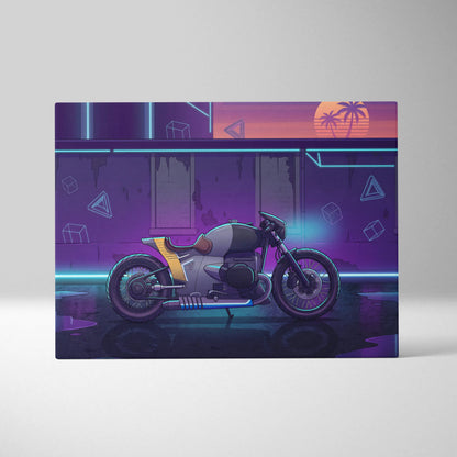 Custom BMW R nineT Inspired Gray Purple Motorcycle Canvas Wall Art Vaporwave Neon Cafe Racer Artwork for Garage Decor Retro Futuristic Print