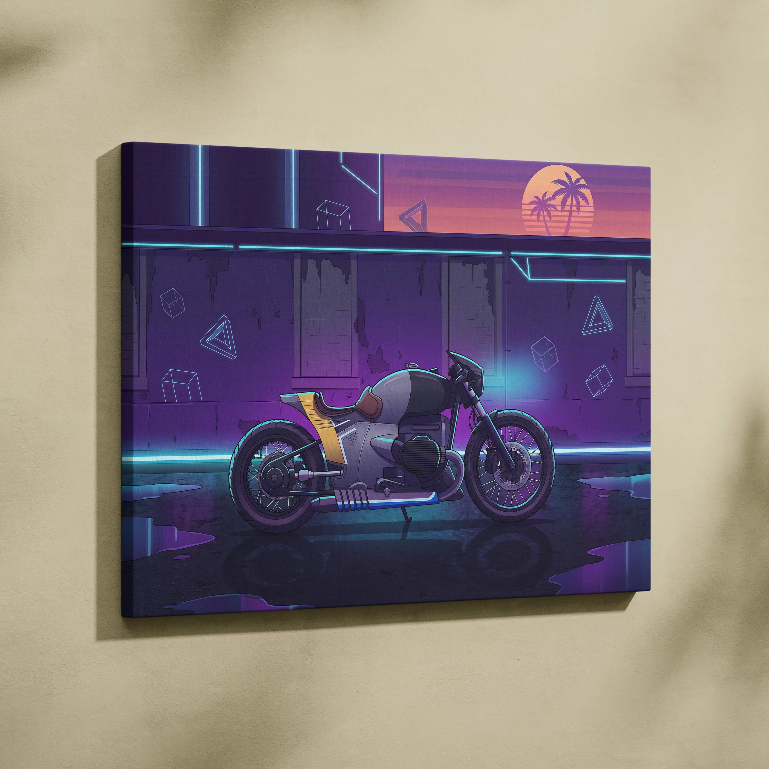Custom BMW R nineT Inspired Gray Purple Motorcycle Canvas Wall Art Vaporwave Neon Cafe Racer Artwork for Garage Decor Retro Futuristic Print