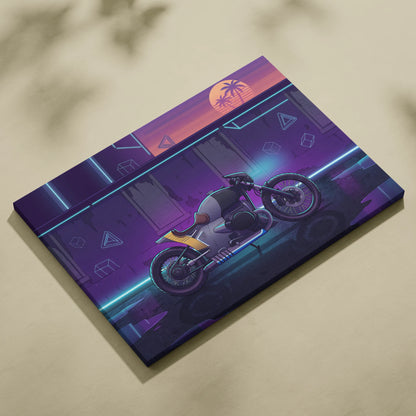 Custom BMW R nineT Inspired Gray Purple Motorcycle Canvas Wall Art Vaporwave Neon Cafe Racer Artwork for Garage Decor Retro Futuristic Print
