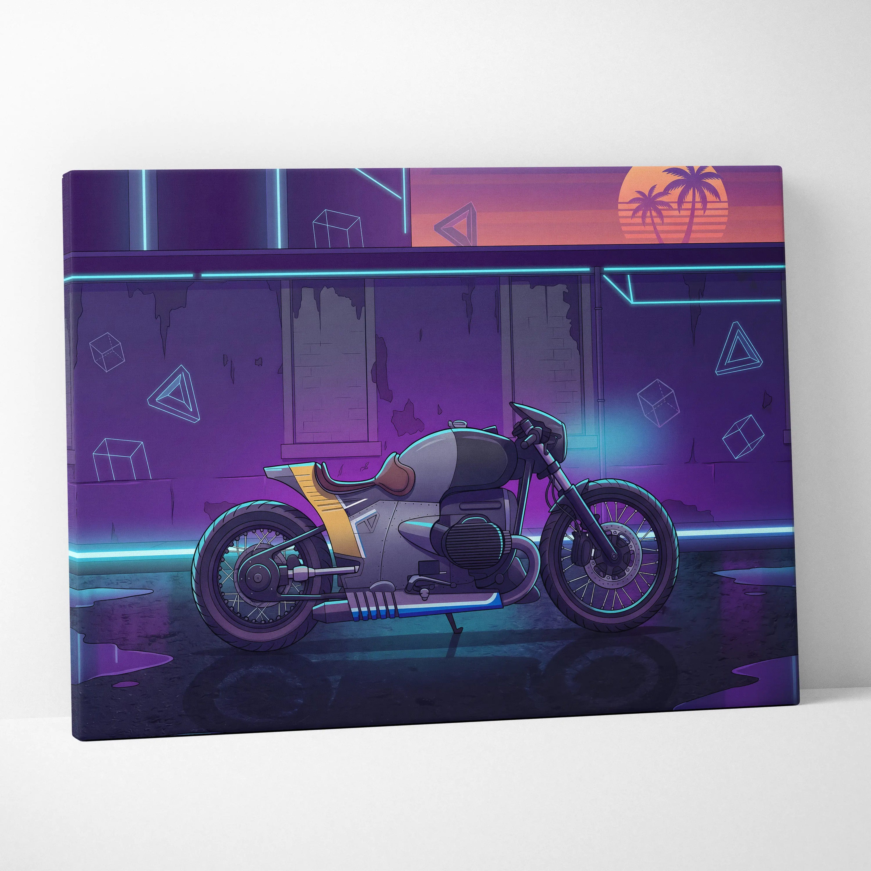 Custom BMW R nineT Inspired Gray Purple Motorcycle Canvas Wall Art Vaporwave Neon Cafe Racer Artwork for Garage Decor Retro Futuristic Print