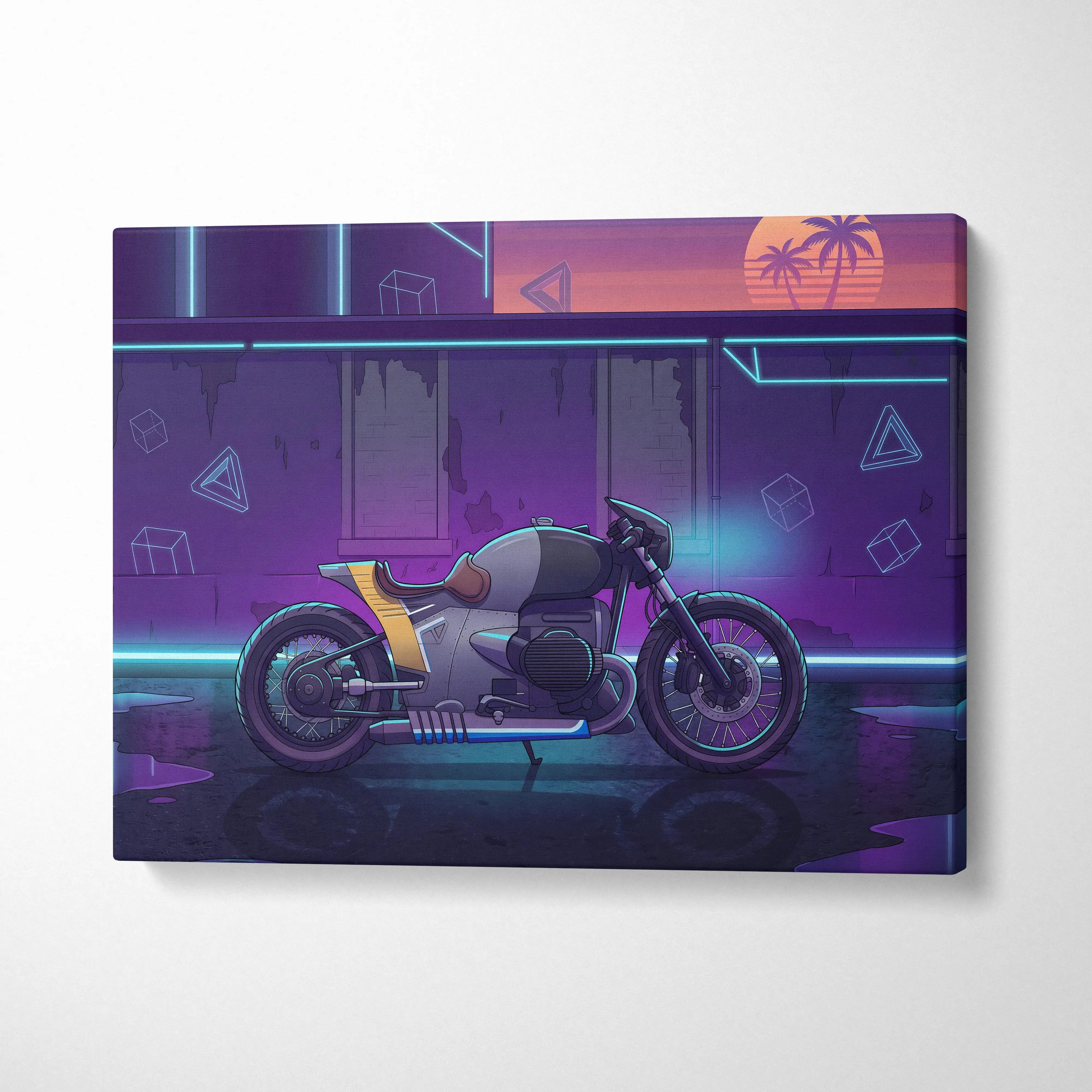 Custom BMW R nineT Inspired Gray Purple Motorcycle Canvas Wall Art Vaporwave Neon Cafe Racer Artwork for Garage Decor Retro Futuristic Print