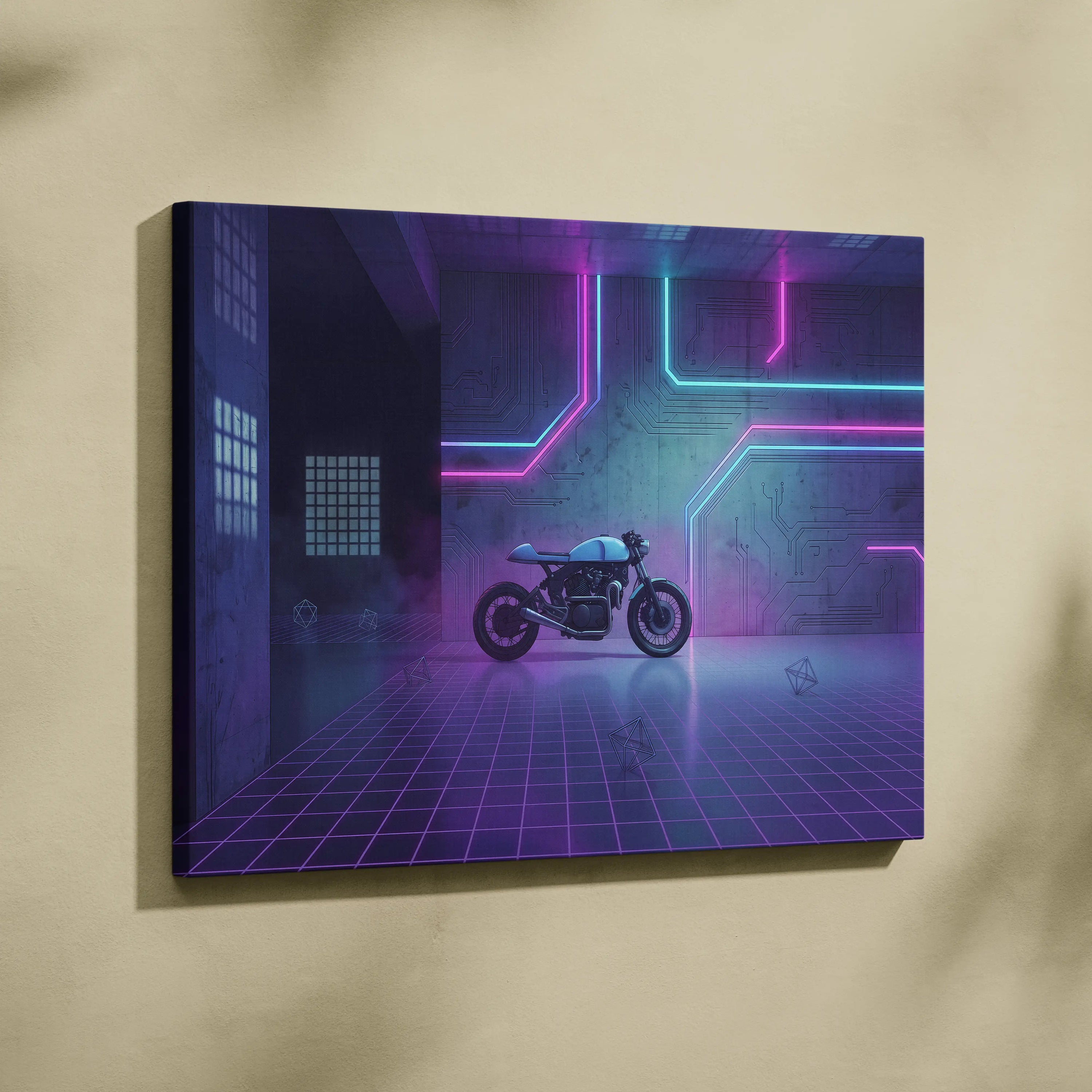 Custom Honda CB750 Inspired Purple Cyan Motorcycle Canvas Wall Art Vaporwave Neon Cyberpunk Garage Decor Retro Futuristic Café Racer Artwork