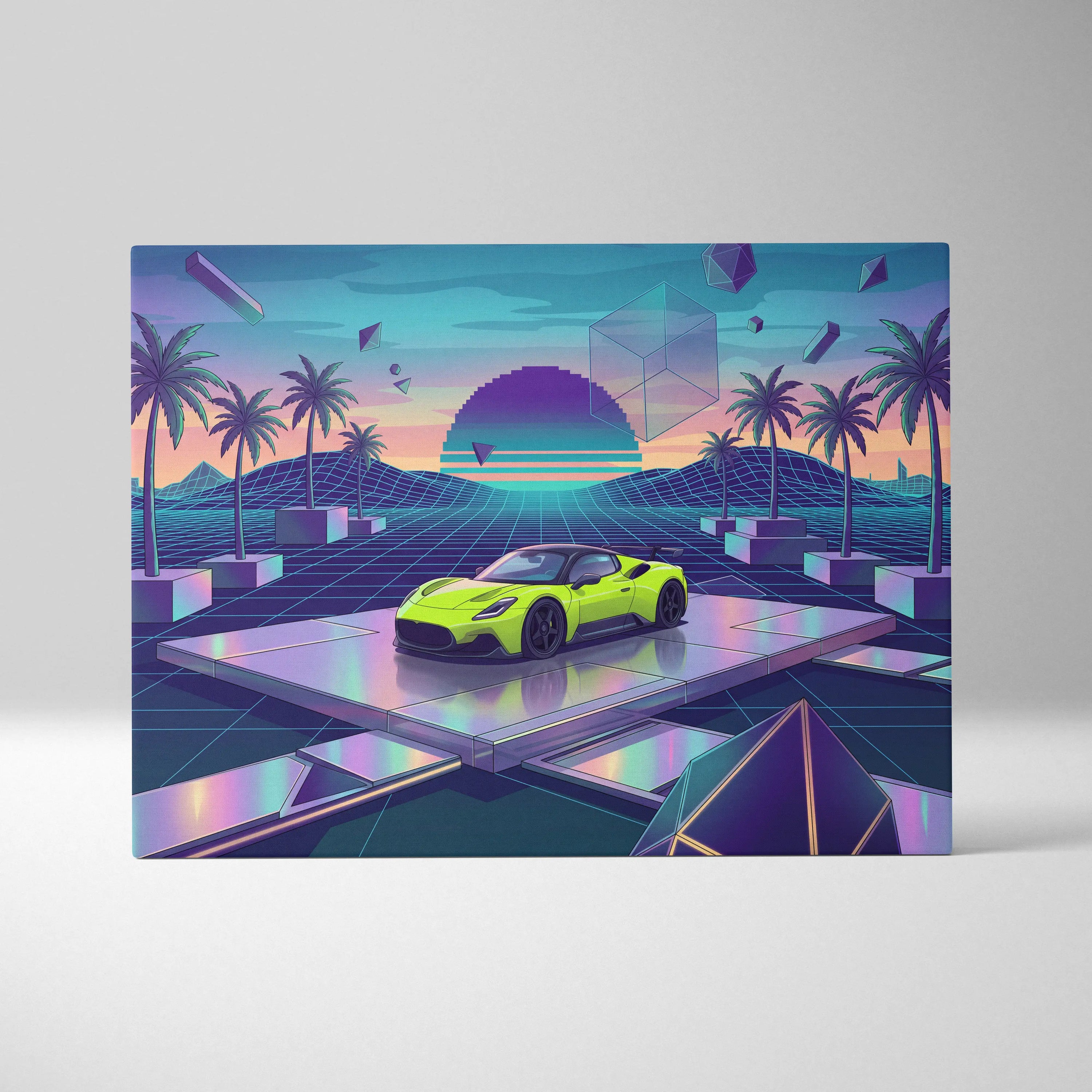 Maserati MC20 Inspired Lime Green Purple Canvas Wall Art, Retro Vaporwave Supercar Artwork for Futuristic Garage Decor
