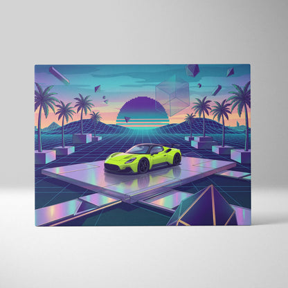 Maserati MC20 Inspired Lime Green Purple Canvas Wall Art, Retro Vaporwave Supercar Artwork for Futuristic Garage Decor