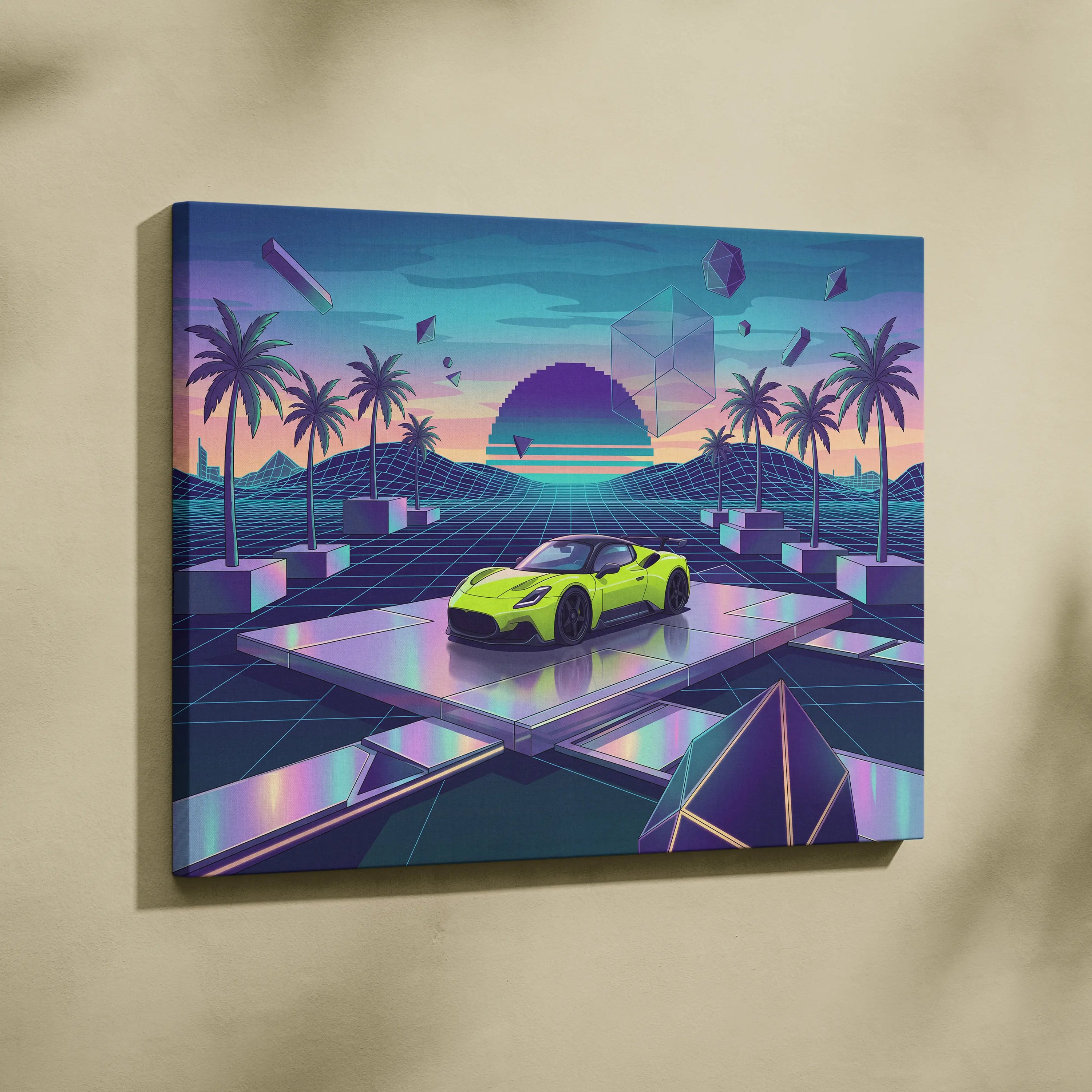Maserati MC20 Inspired Lime Green Purple Canvas Wall Art, Retro Vaporwave Supercar Artwork for Futuristic Garage Decor