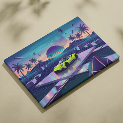 Maserati MC20 Inspired Lime Green Purple Canvas Wall Art, Retro Vaporwave Supercar Artwork for Futuristic Garage Decor