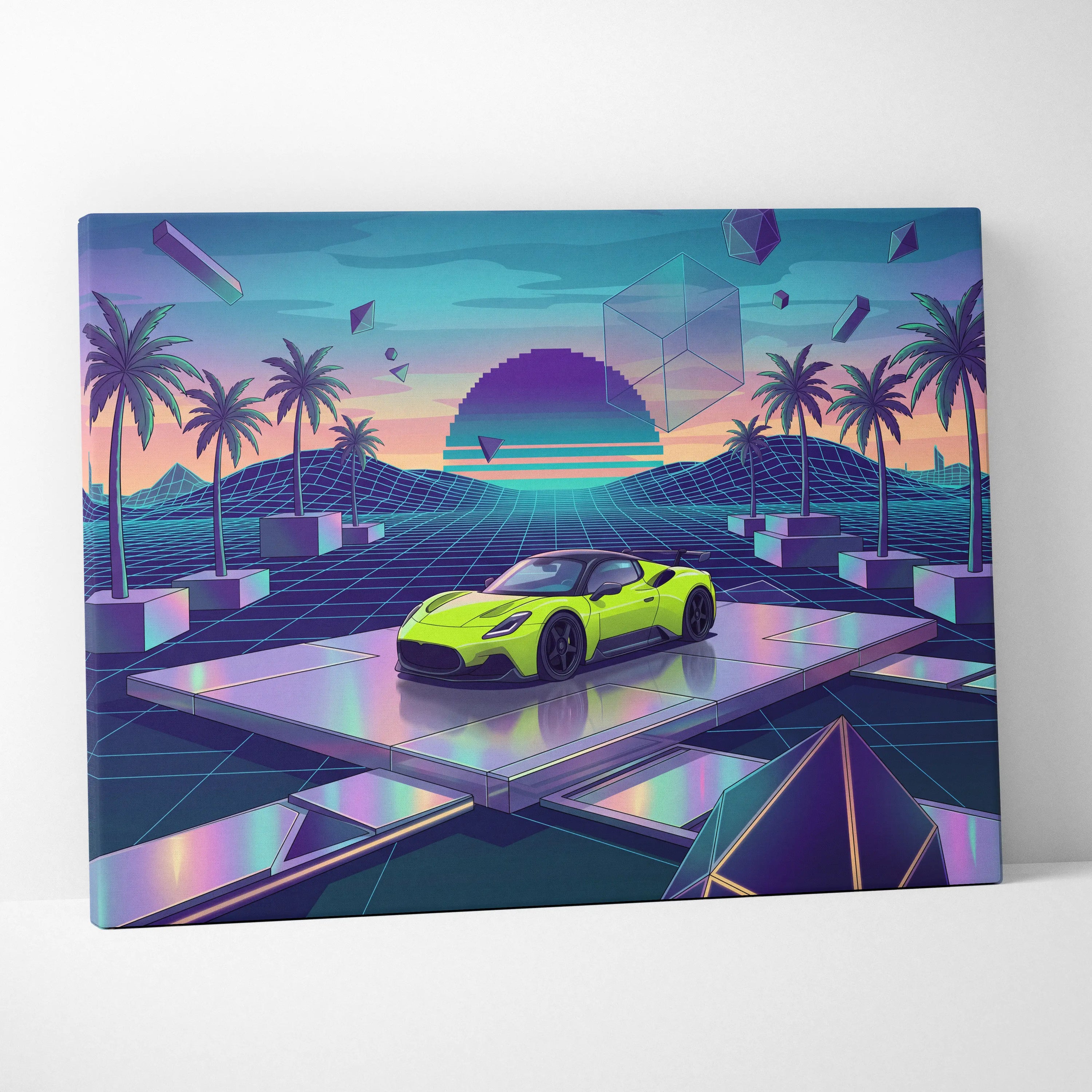 Maserati MC20 Inspired Lime Green Purple Canvas Wall Art, Retro Vaporwave Supercar Artwork for Futuristic Garage Decor