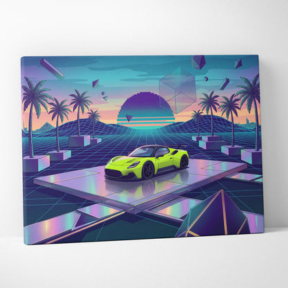 Maserati MC20 Inspired Lime Green Purple Canvas Wall Art, Retro Vaporwave Supercar Artwork for Futuristic Garage Decor