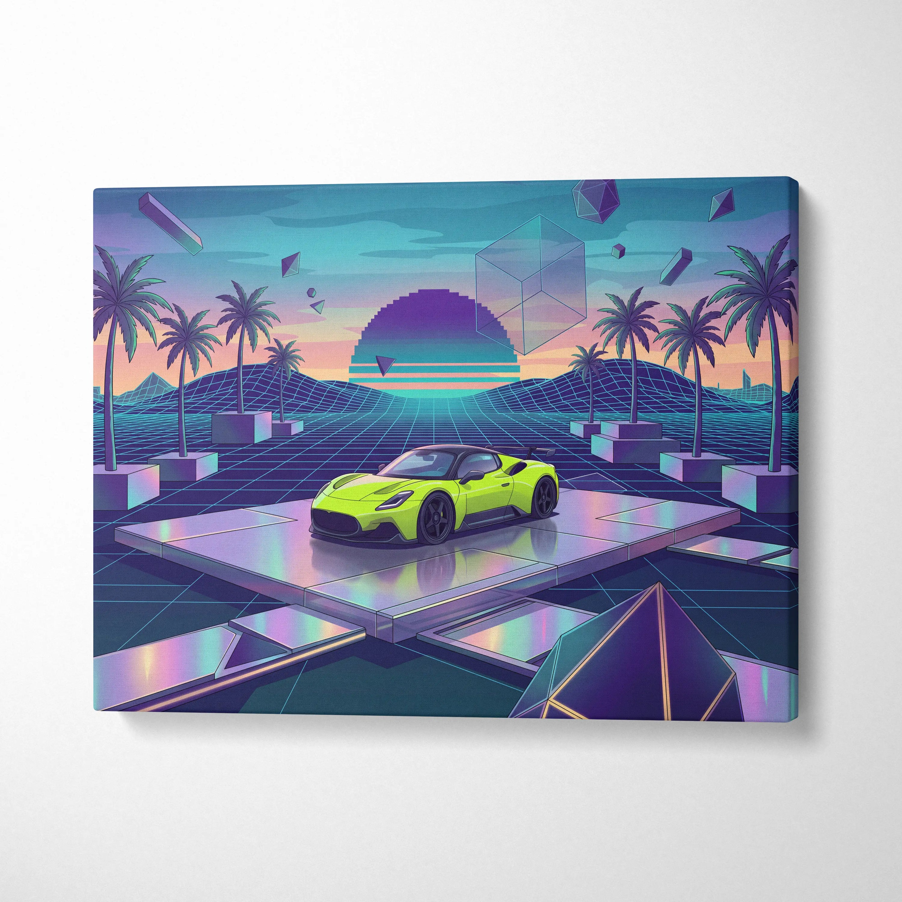 Maserati MC20 Inspired Lime Green Purple Canvas Wall Art, Retro Vaporwave Supercar Artwork for Futuristic Garage Decor