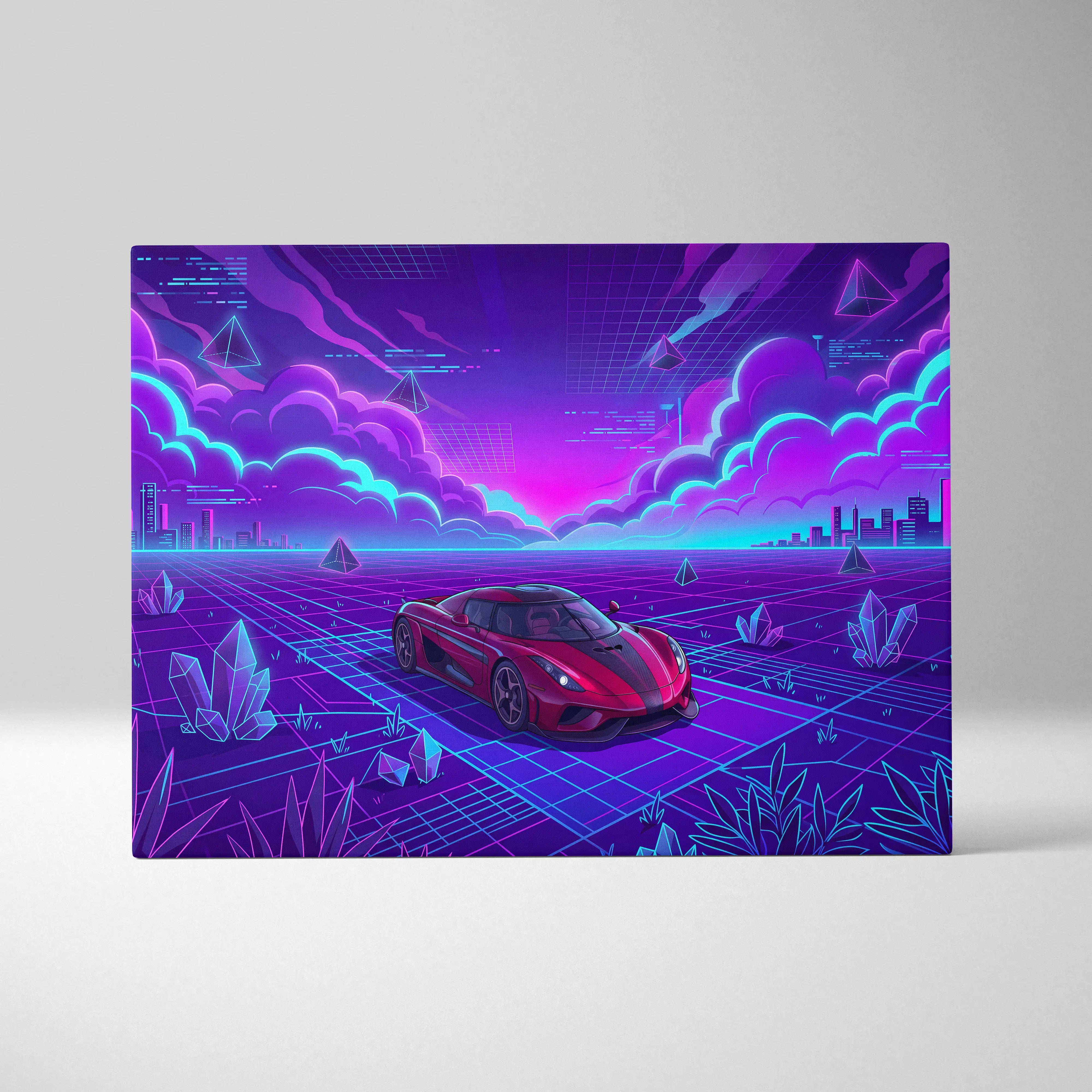 Koenigsegg Regera Inspired Red Purple Canvas Wall Art Vaporwave Hypercar Artwork, Neon Grid Supercar Garage Decor Retro Futuristic Print