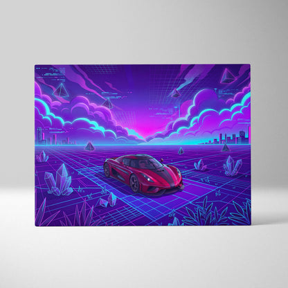 Koenigsegg Regera Inspired Red Purple Canvas Wall Art Vaporwave Hypercar Artwork, Neon Grid Supercar Garage Decor Retro Futuristic Print