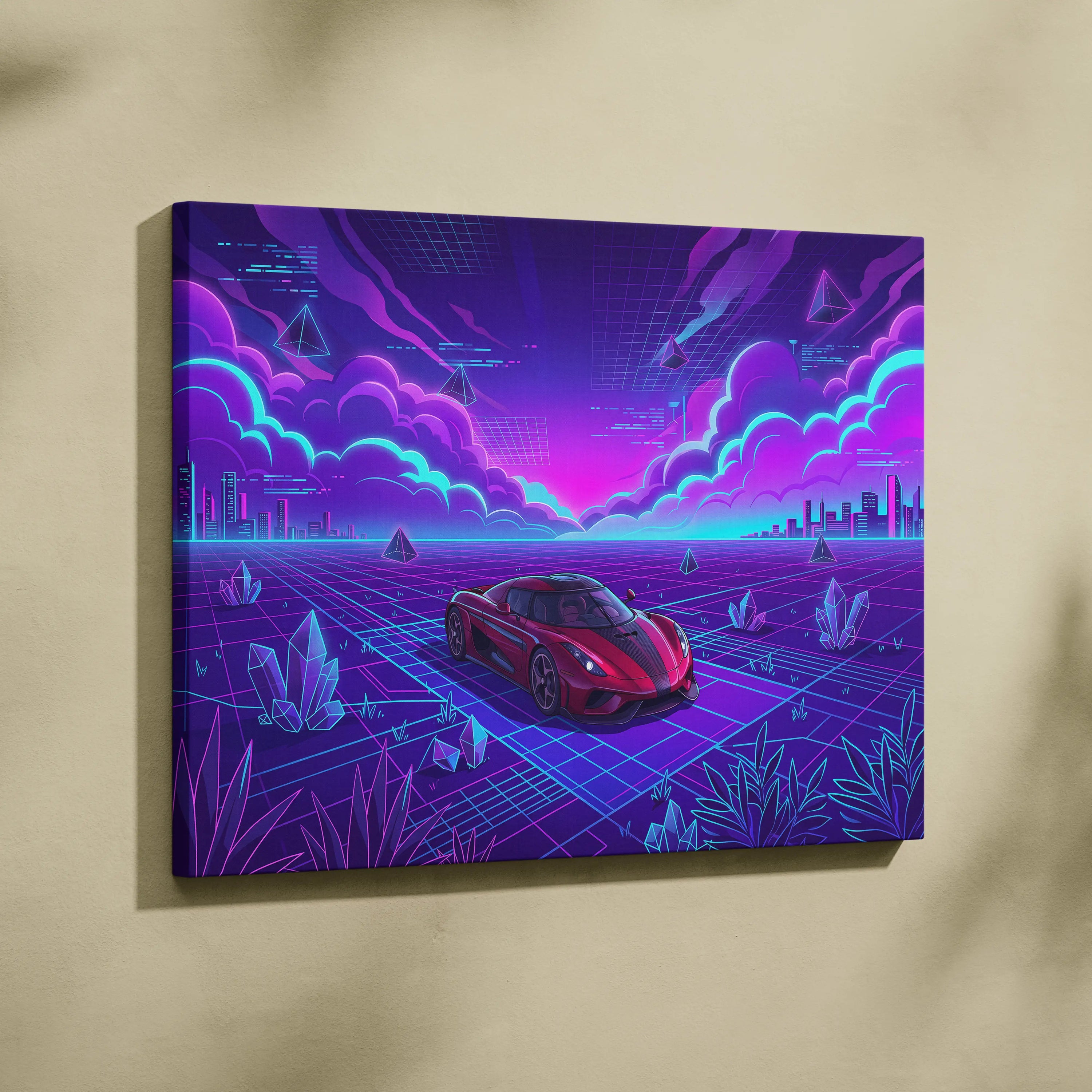 Koenigsegg Regera Inspired Red Purple Canvas Wall Art Vaporwave Hypercar Artwork, Neon Grid Supercar Garage Decor Retro Futuristic Print