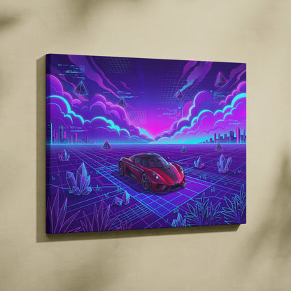 Koenigsegg Regera Inspired Red Purple Canvas Wall Art Vaporwave Hypercar Artwork, Neon Grid Supercar Garage Decor Retro Futuristic Print