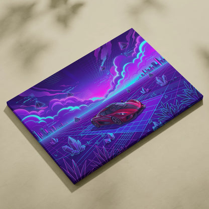 Koenigsegg Regera Inspired Red Purple Canvas Wall Art Vaporwave Hypercar Artwork, Neon Grid Supercar Garage Decor Retro Futuristic Print