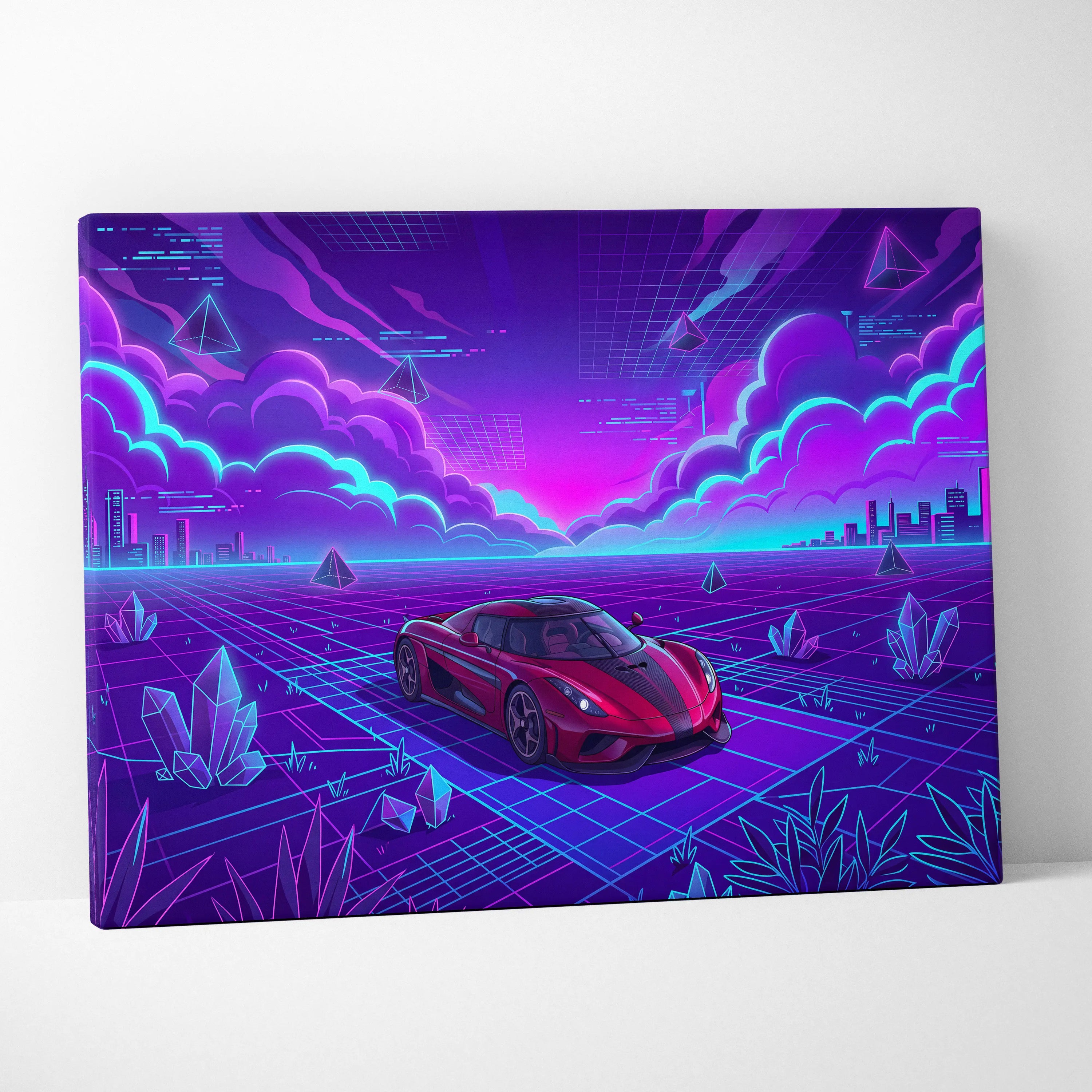 Koenigsegg Regera Inspired Red Purple Canvas Wall Art Vaporwave Hypercar Artwork, Neon Grid Supercar Garage Decor Retro Futuristic Print