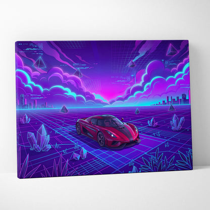 Koenigsegg Regera Inspired Red Purple Canvas Wall Art Vaporwave Hypercar Artwork, Neon Grid Supercar Garage Decor Retro Futuristic Print
