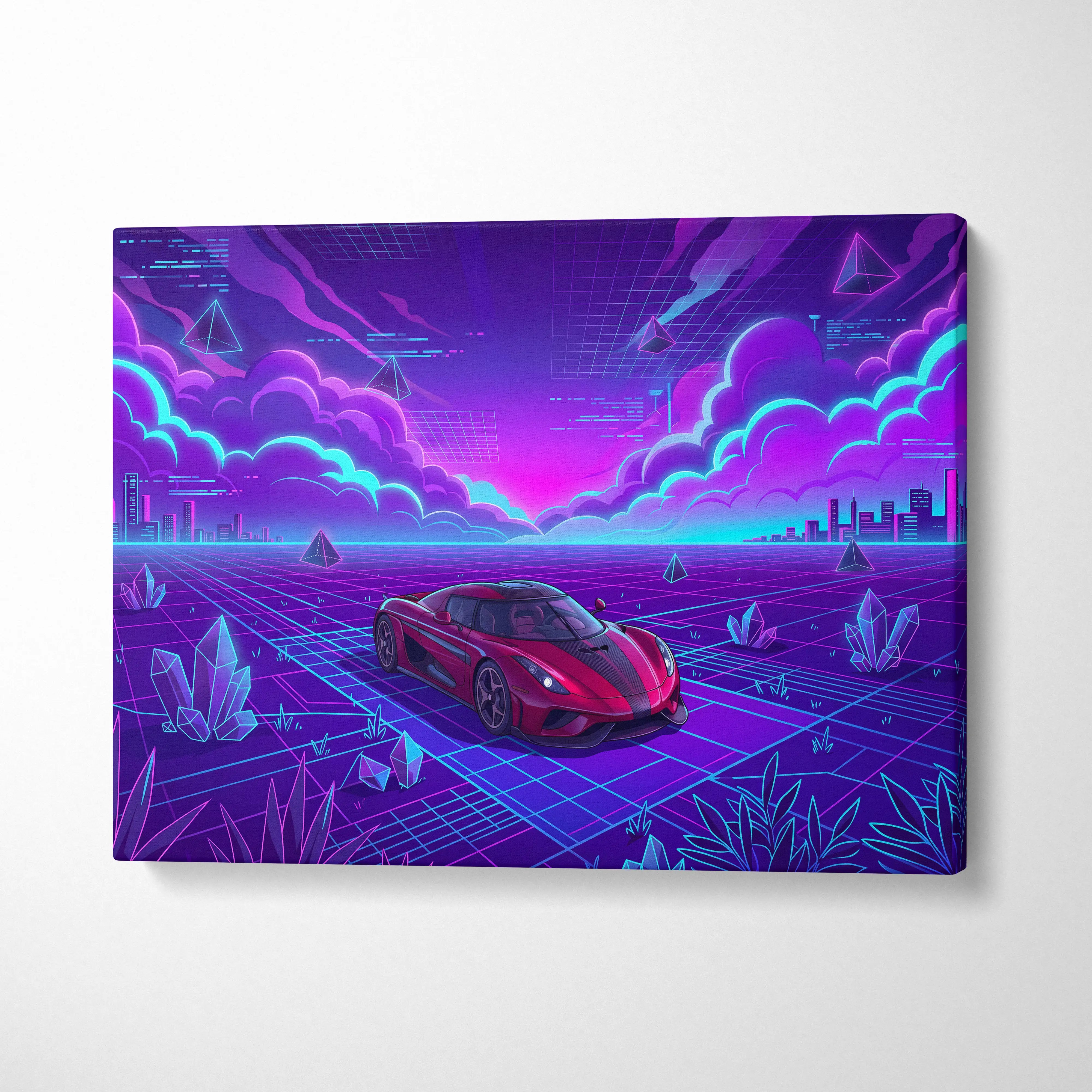 Koenigsegg Regera Inspired Red Purple Canvas Wall Art Vaporwave Hypercar Artwork, Neon Grid Supercar Garage Decor Retro Futuristic Print