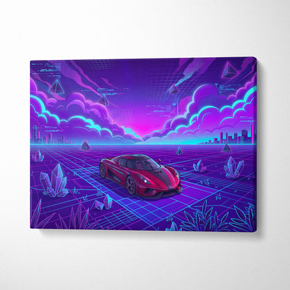 Koenigsegg Regera Inspired Red Purple Canvas Wall Art Vaporwave Hypercar Artwork, Neon Grid Supercar Garage Decor Retro Futuristic Print