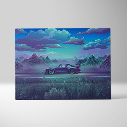 RWB Porsche 911 Inspired Purple Teal Mountain Canvas Wall Art Vaporwave Sports Car Artwork, Neon Grid Landscape Garage Decor Retro Futuristic Print
