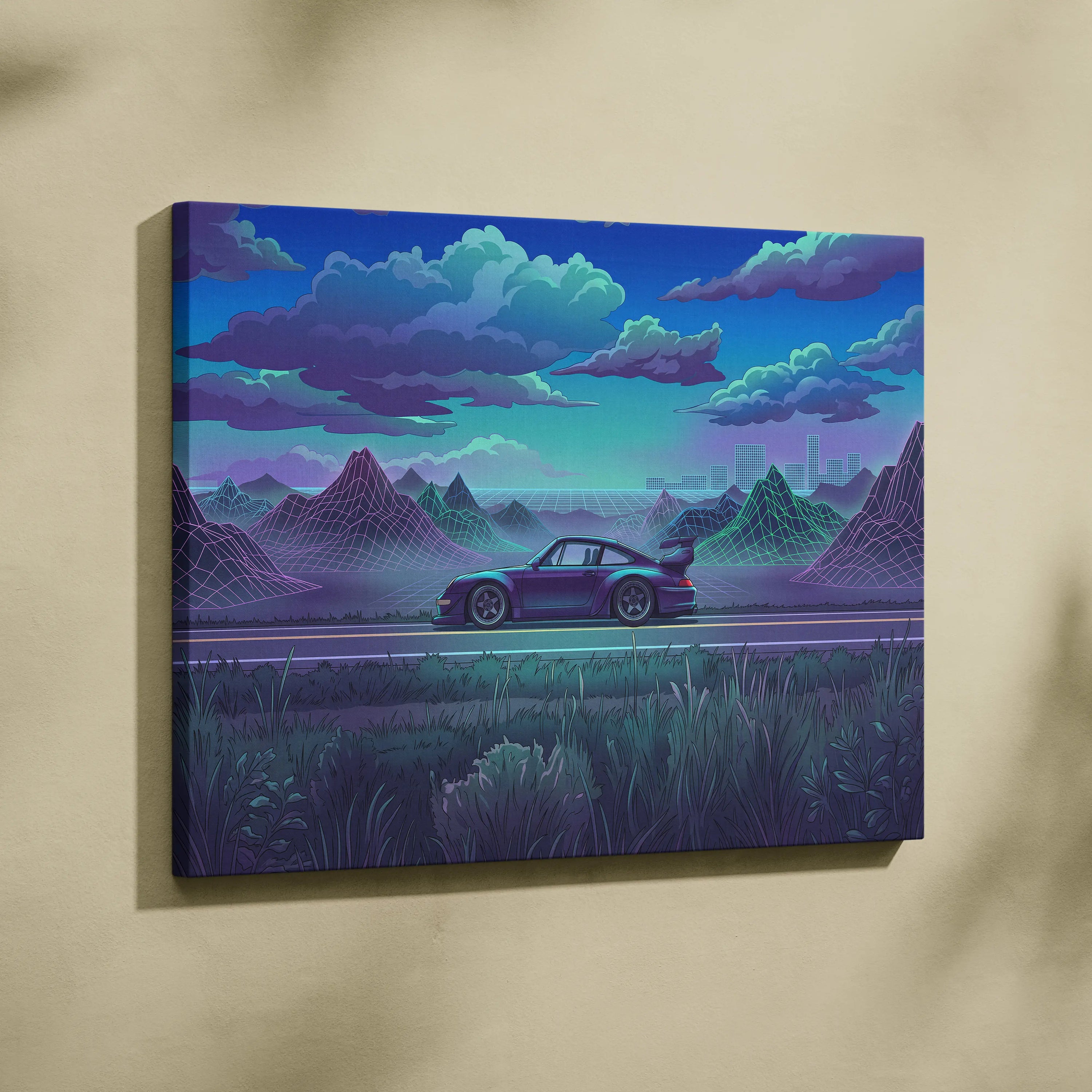 RWB Porsche 911 Inspired Purple Teal Mountain Canvas Wall Art Vaporwave Sports Car Artwork, Neon Grid Landscape Garage Decor Retro Futuristic Print
