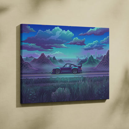 RWB Porsche 911 Inspired Purple Teal Mountain Canvas Wall Art Vaporwave Sports Car Artwork, Neon Grid Landscape Garage Decor Retro Futuristic Print