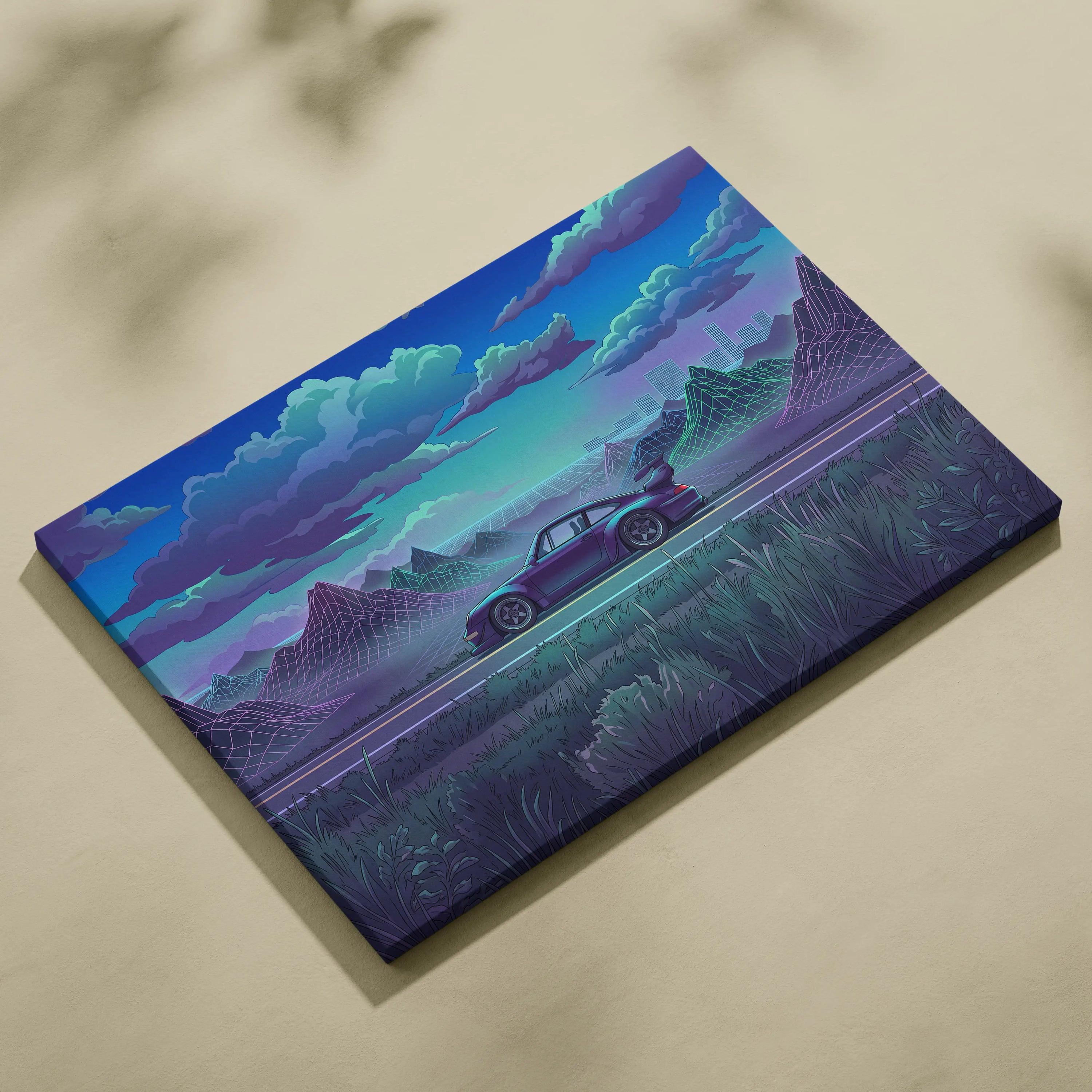 RWB Porsche 911 Inspired Purple Teal Mountain Canvas Wall Art Vaporwave Sports Car Artwork, Neon Grid Landscape Garage Decor Retro Futuristic Print