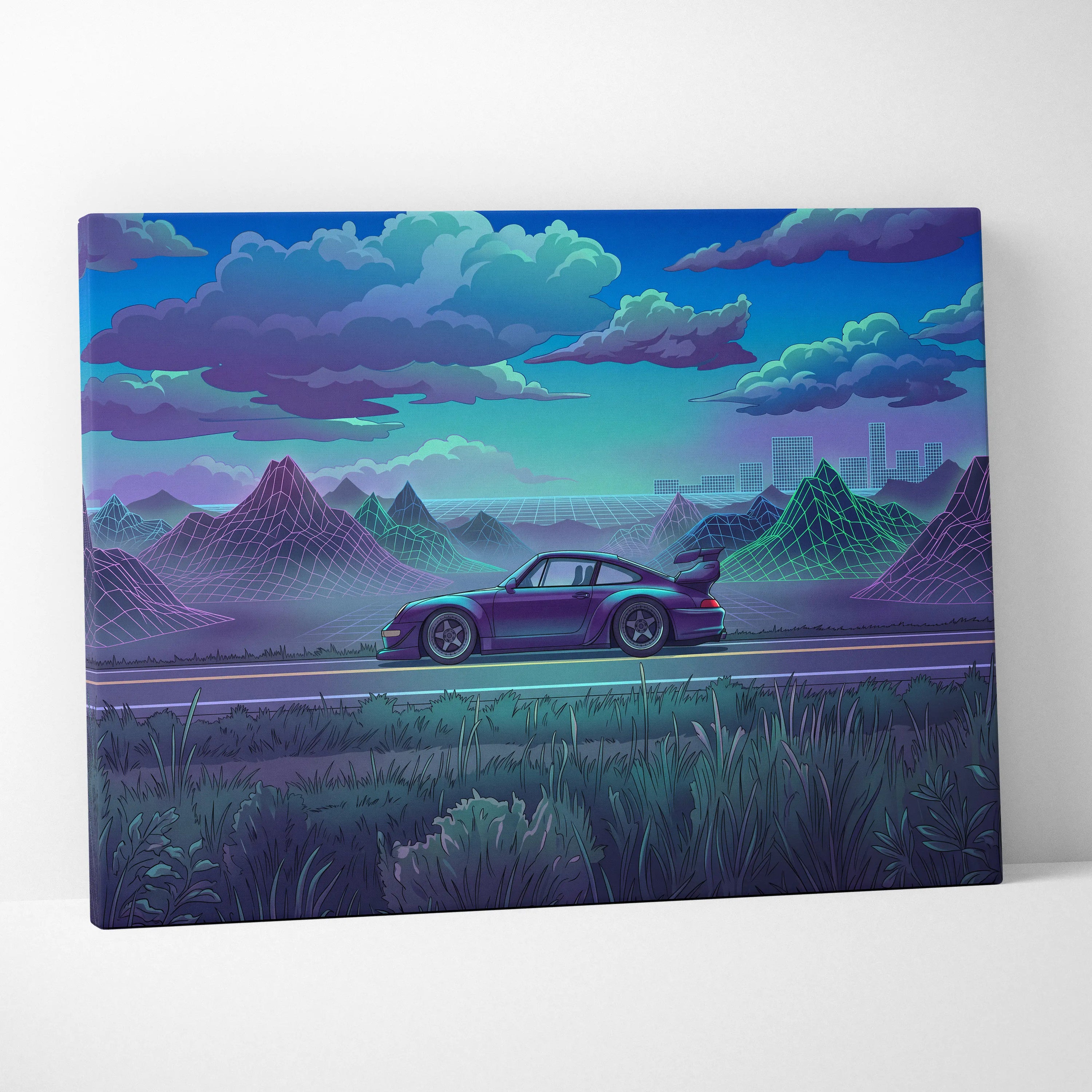RWB Porsche 911 Inspired Purple Teal Mountain Canvas Wall Art Vaporwave Sports Car Artwork, Neon Grid Landscape Garage Decor Retro Futuristic Print