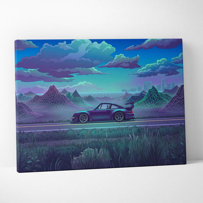 RWB Porsche 911 Inspired Purple Teal Mountain Canvas Wall Art Vaporwave Sports Car Artwork, Neon Grid Landscape Garage Decor Retro Futuristic Print