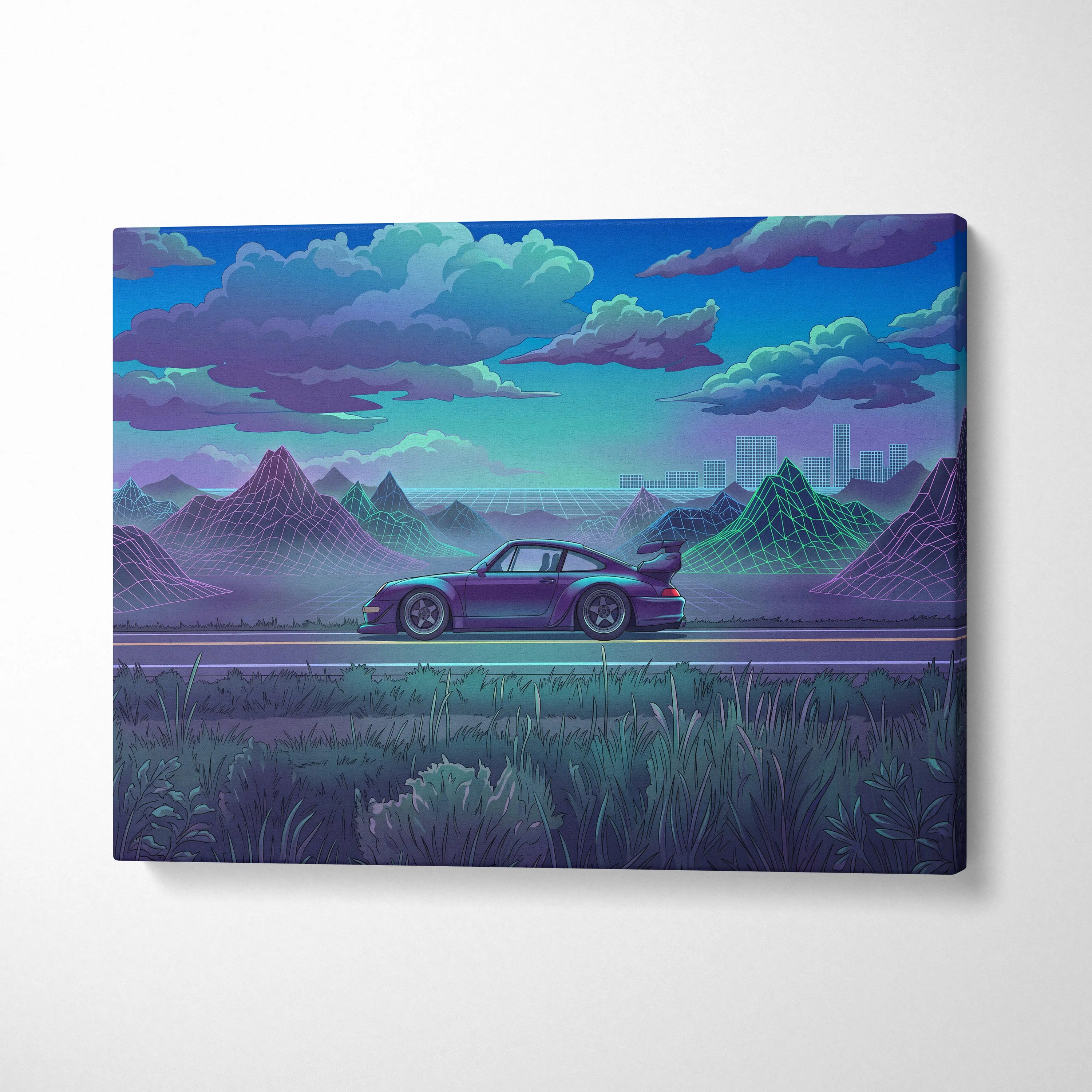 RWB Porsche 911 Inspired Purple Teal Mountain Canvas Wall Art Vaporwave Sports Car Artwork, Neon Grid Landscape Garage Decor Retro Futuristic Print