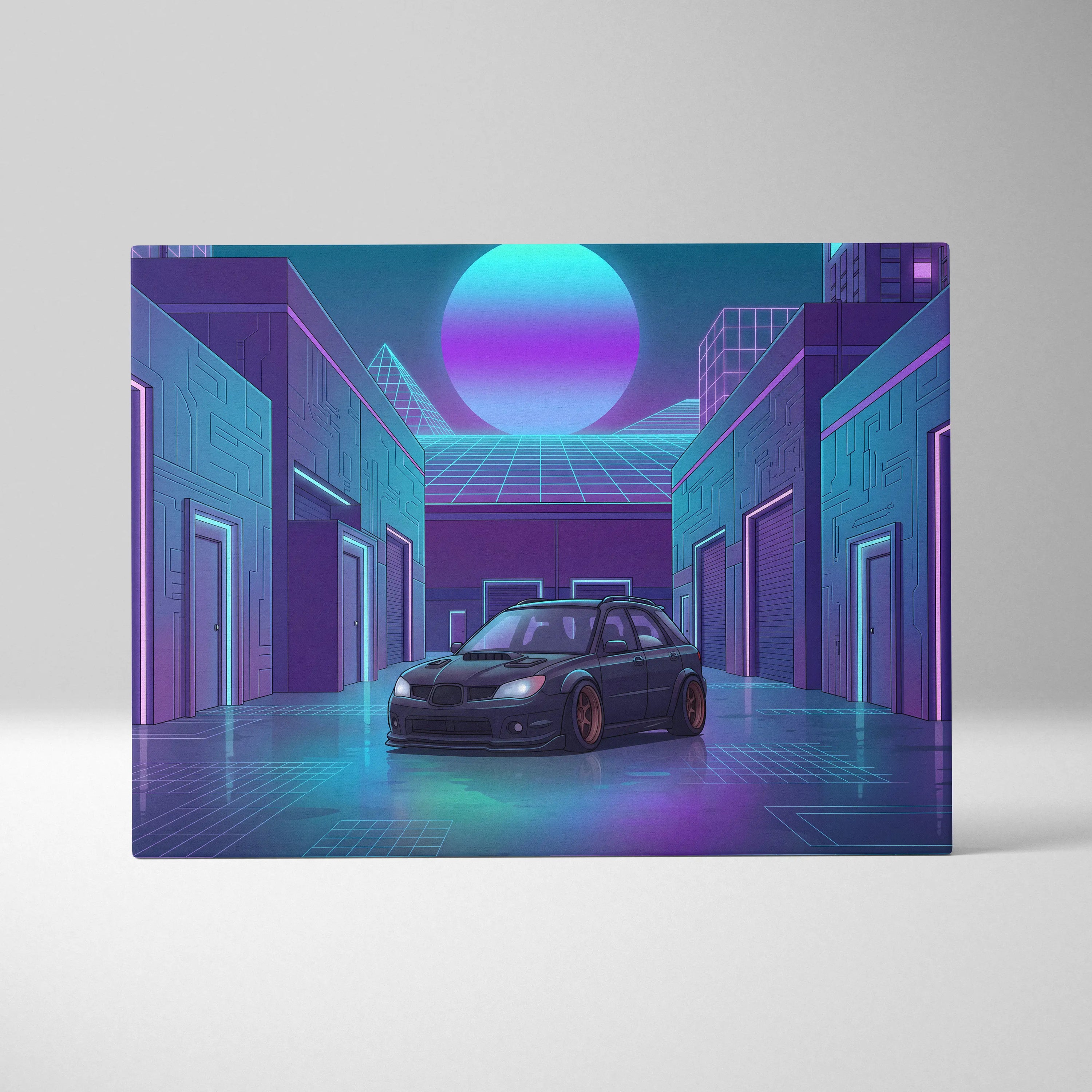 Subaru WRX STI Hatchback Inspired Blue Purple Canvas Wall Art Vaporwave JDM Car Artwork, Neon Cyberpunk Garage Decor Print
