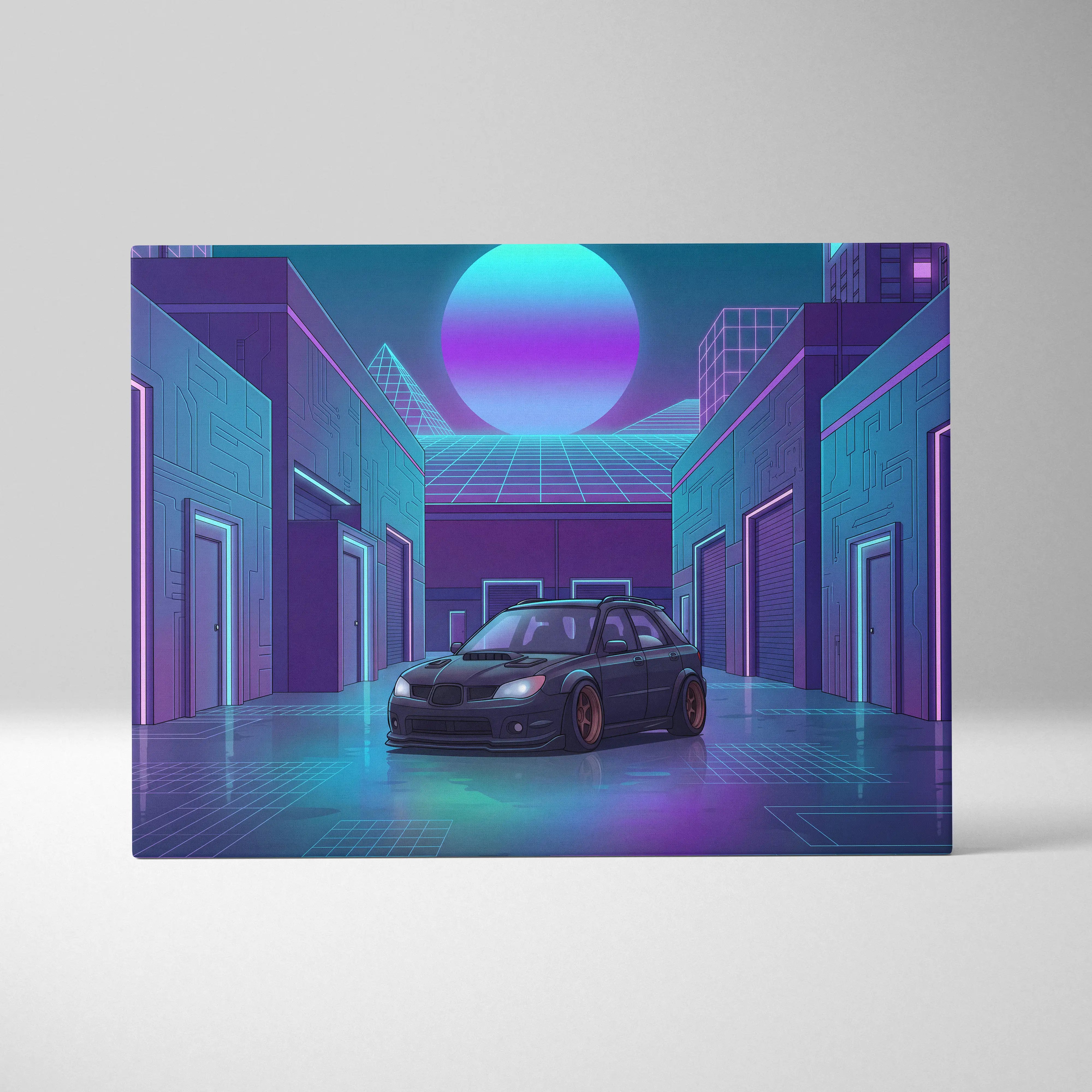 Subaru WRX STI Hatchback Inspired Blue Purple Canvas Wall Art Vaporwave JDM Car Artwork, Neon Cyberpunk Garage Decor Print