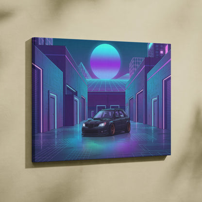 Subaru WRX STI Hatchback Inspired Blue Purple Canvas Wall Art Vaporwave JDM Car Artwork, Neon Cyberpunk Garage Decor Print