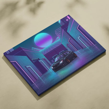 Subaru WRX STI Hatchback Inspired Blue Purple Canvas Wall Art Vaporwave JDM Car Artwork, Neon Cyberpunk Garage Decor Print