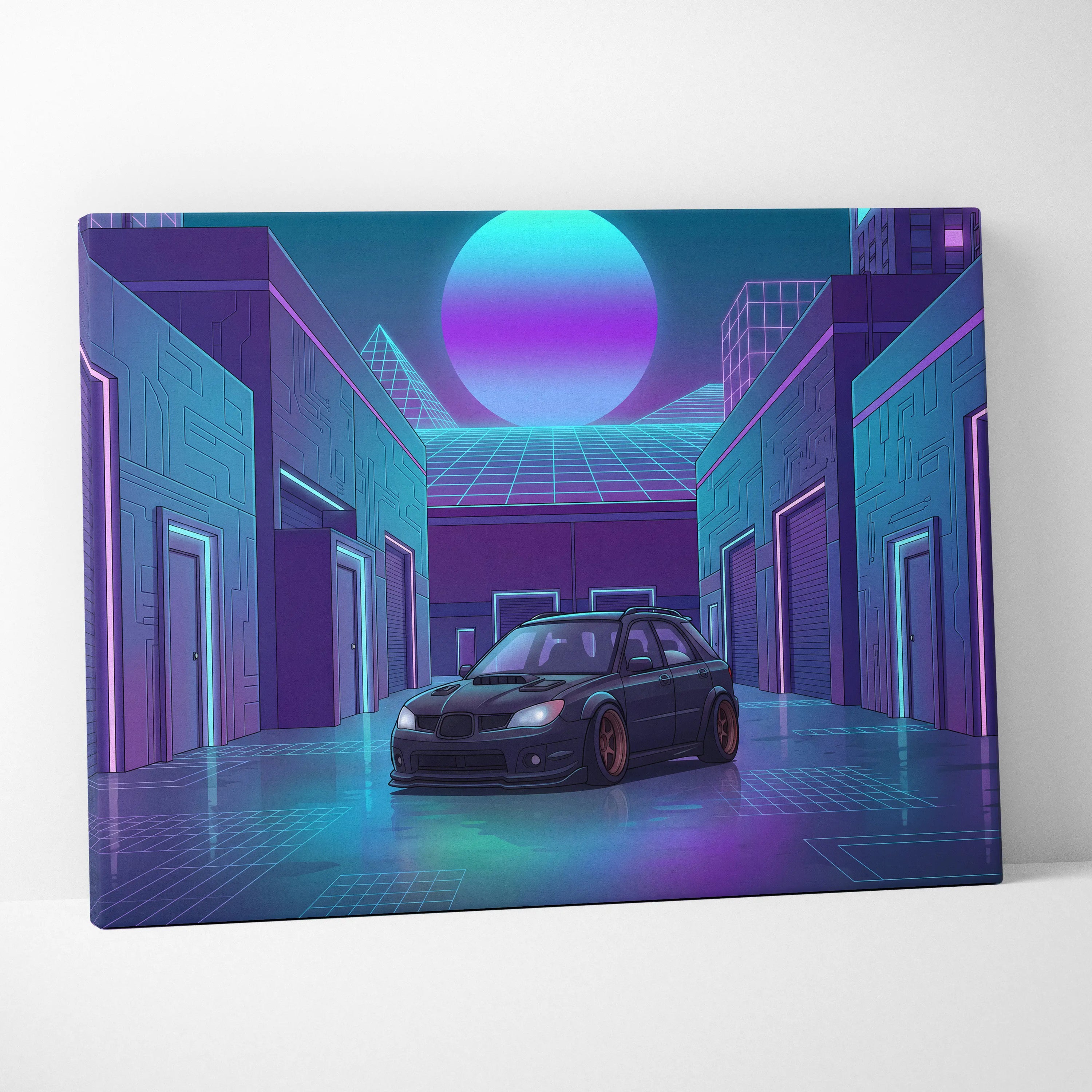 Subaru WRX STI Hatchback Inspired Blue Purple Canvas Wall Art Vaporwave JDM Car Artwork, Neon Cyberpunk Garage Decor Print
