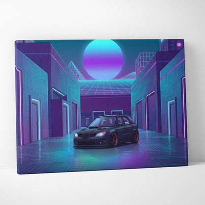 Subaru WRX STI Hatchback Inspired Blue Purple Canvas Wall Art Vaporwave JDM Car Artwork, Neon Cyberpunk Garage Decor Print