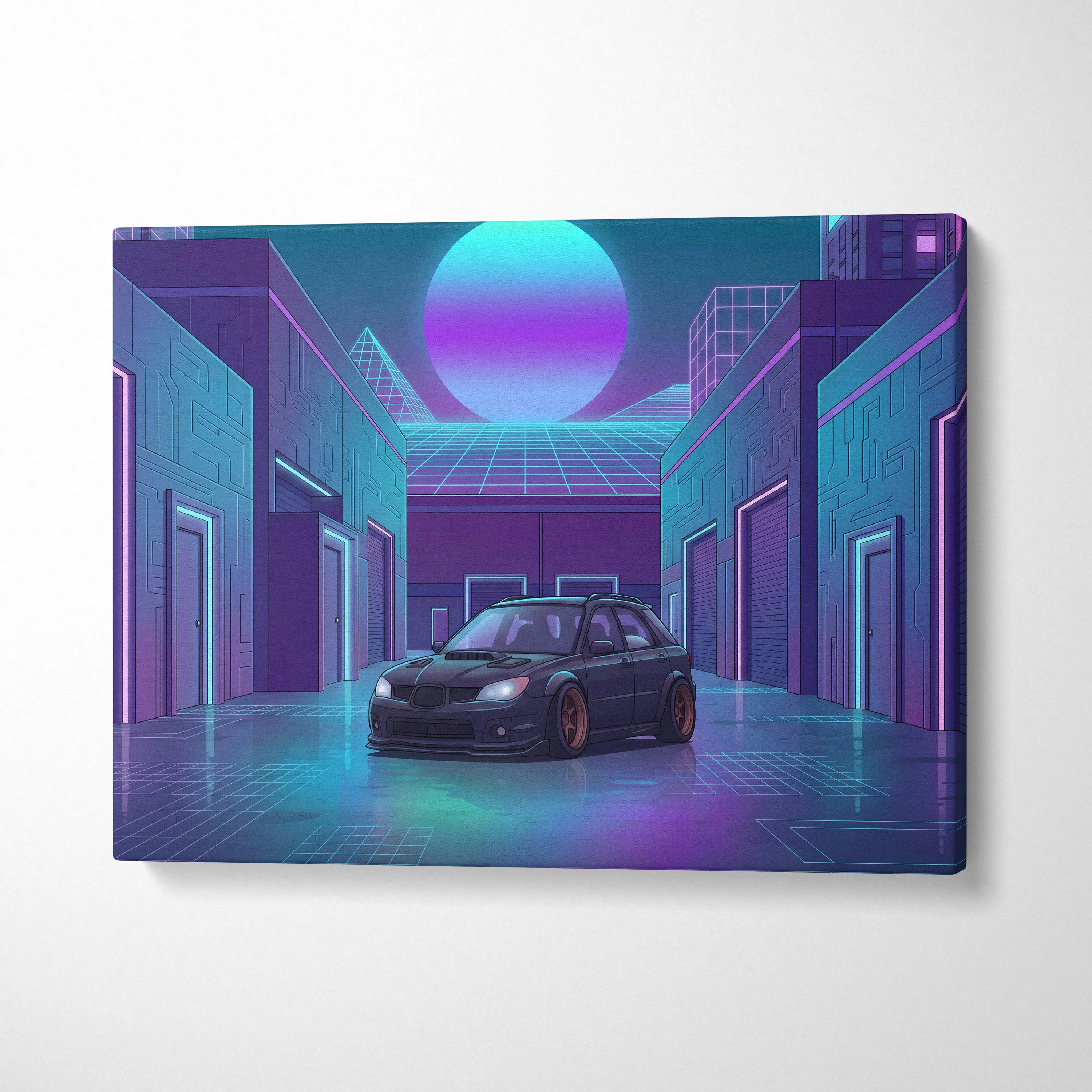 Subaru WRX STI Hatchback Inspired Blue Purple Canvas Wall Art Vaporwave JDM Car Artwork, Neon Cyberpunk Garage Decor Print