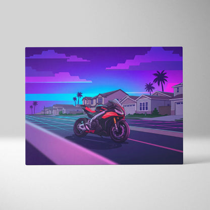 Aprilia RSV4 Inspired Red Purple Motorcycle Canvas Wall Art Vaporwave Neon Suburban Sportbike Garage Decor Retro Futuristic Racing Artwork