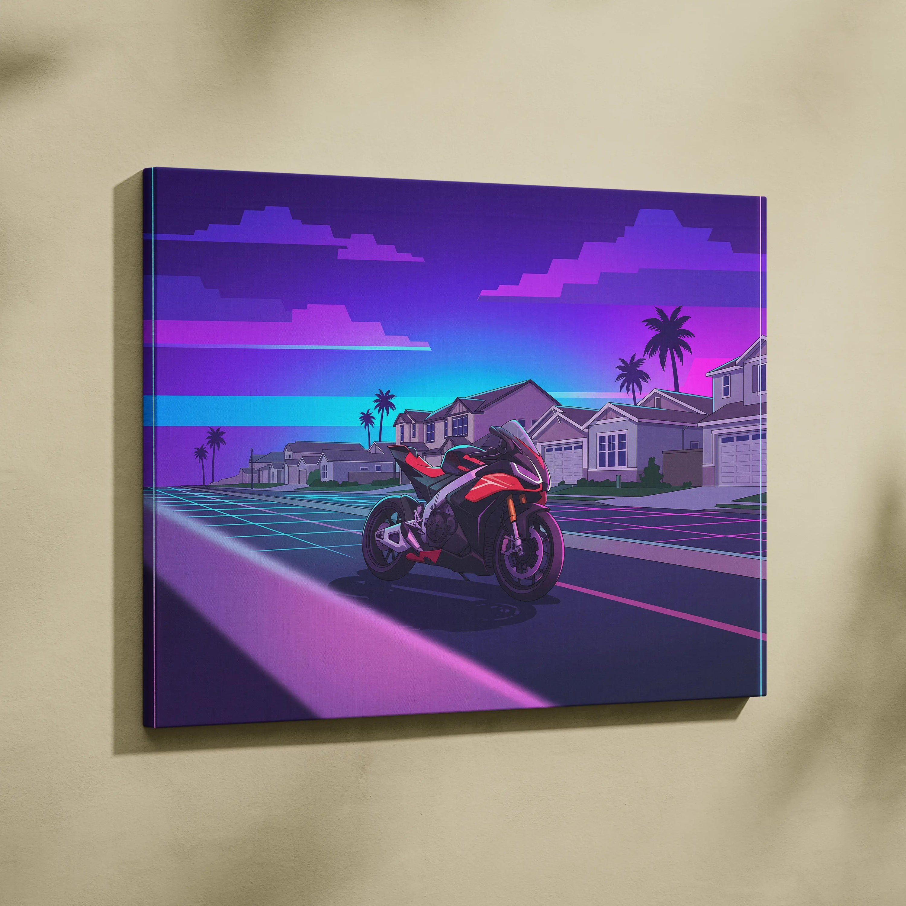 Aprilia RSV4 Inspired Red Purple Motorcycle Canvas Wall Art Vaporwave Neon Suburban Sportbike Garage Decor Retro Futuristic Racing Artwork