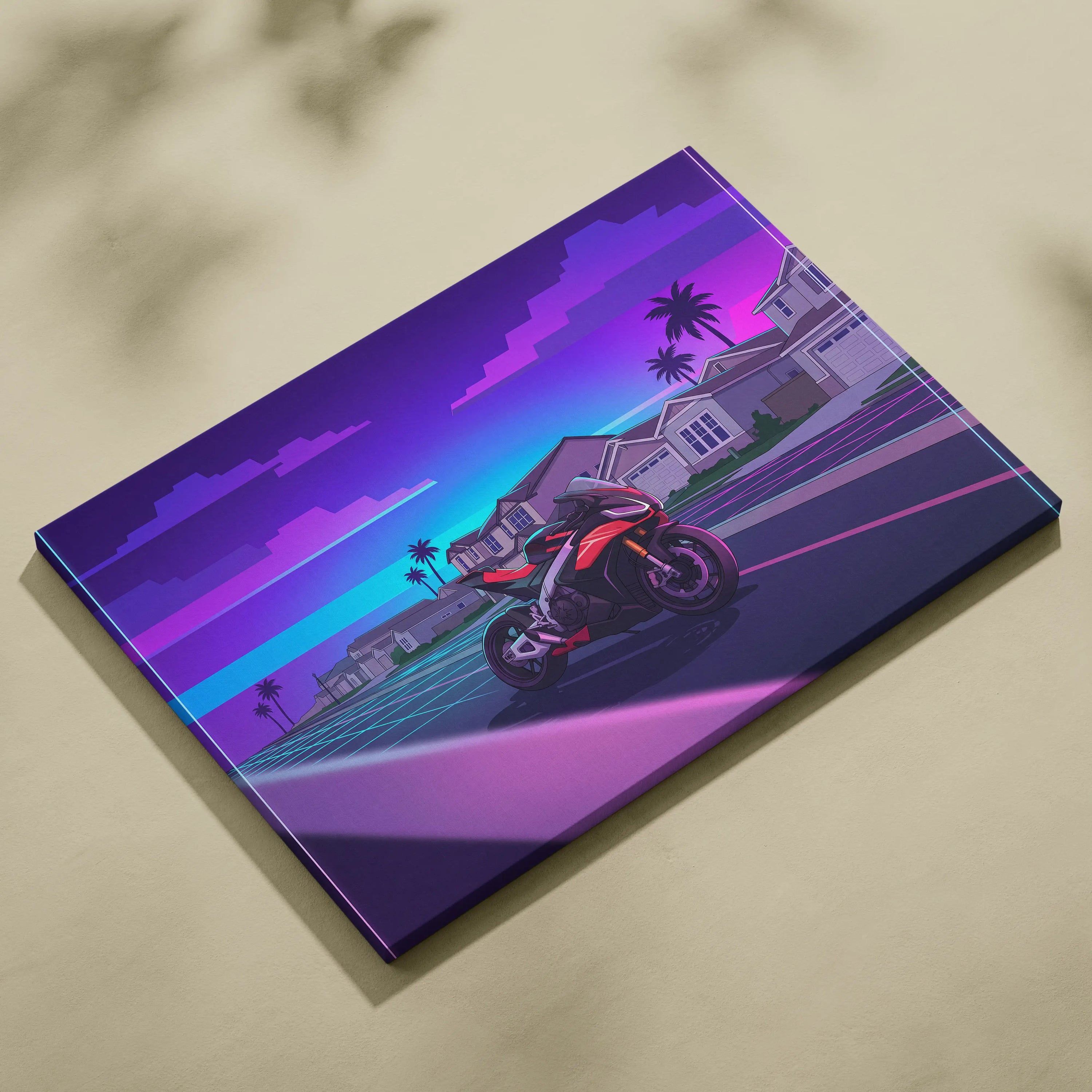 Aprilia RSV4 Inspired Red Purple Motorcycle Canvas Wall Art Vaporwave Neon Suburban Sportbike Garage Decor Retro Futuristic Racing Artwork