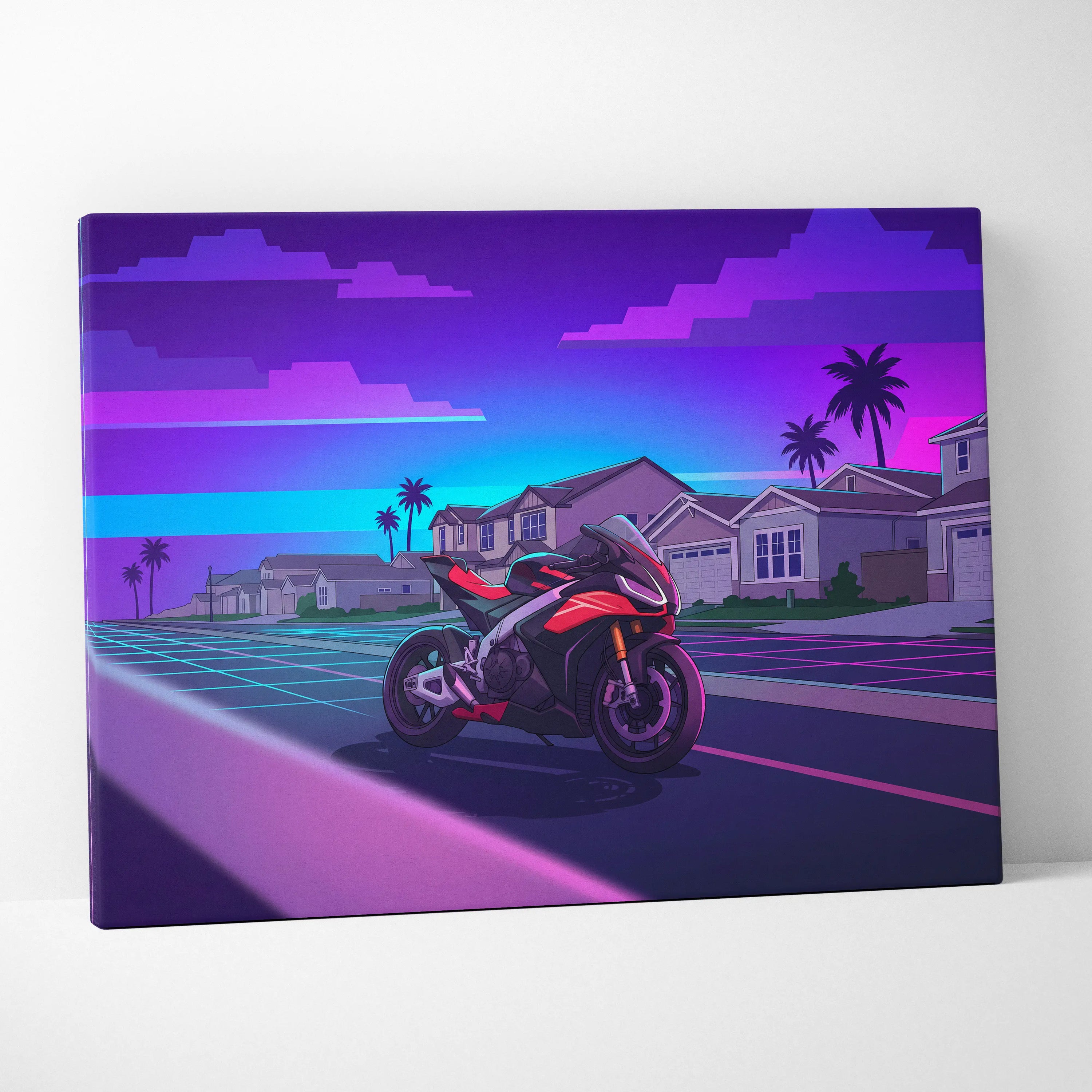 Aprilia RSV4 Inspired Red Purple Motorcycle Canvas Wall Art Vaporwave Neon Suburban Sportbike Garage Decor Retro Futuristic Racing Artwork