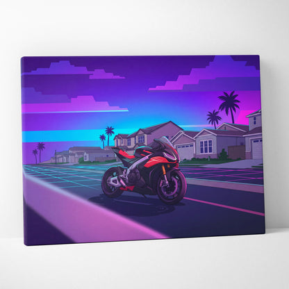 Aprilia RSV4 Inspired Red Purple Motorcycle Canvas Wall Art Vaporwave Neon Suburban Sportbike Garage Decor Retro Futuristic Racing Artwork