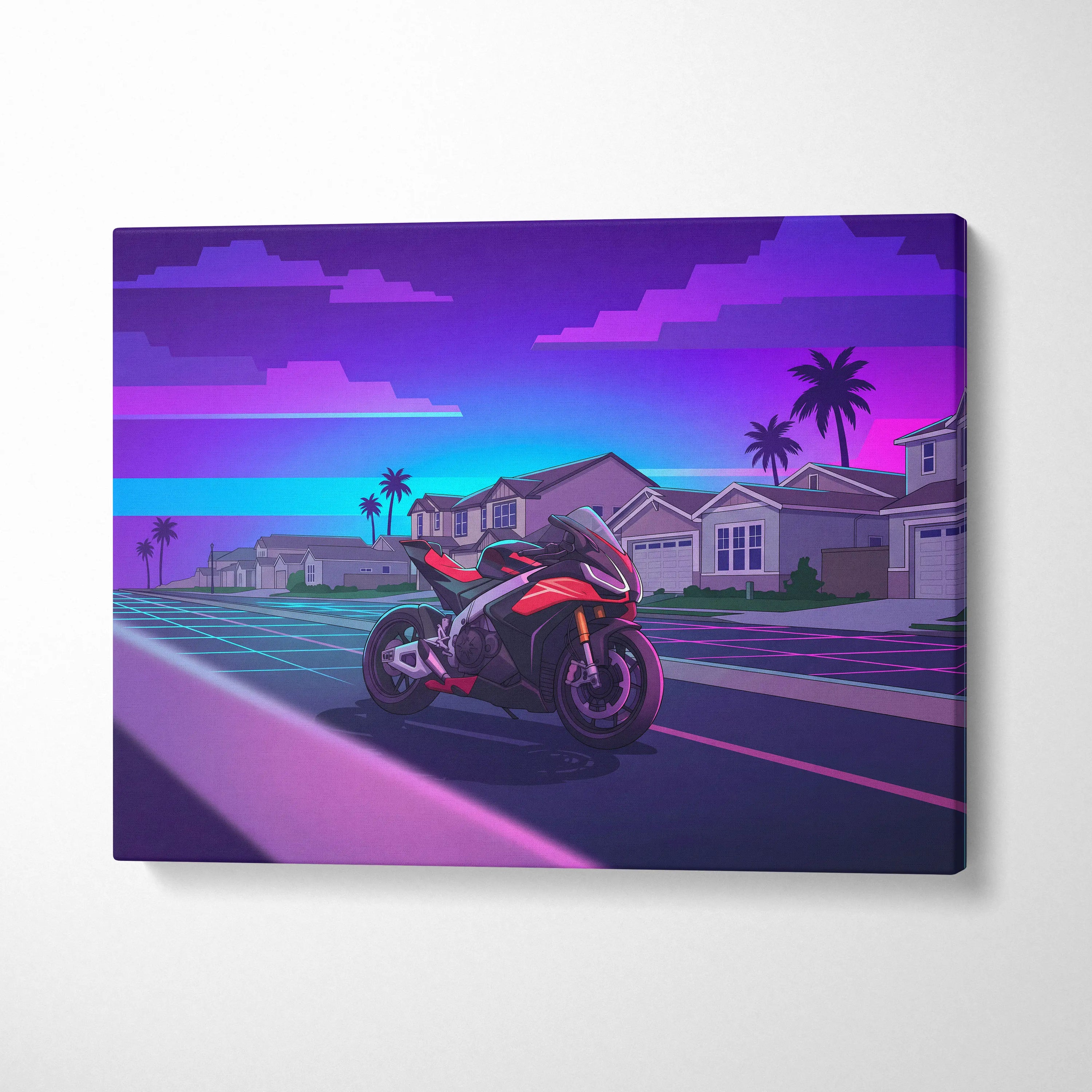 Aprilia RSV4 Inspired Red Purple Motorcycle Canvas Wall Art Vaporwave Neon Suburban Sportbike Garage Decor Retro Futuristic Racing Artwork