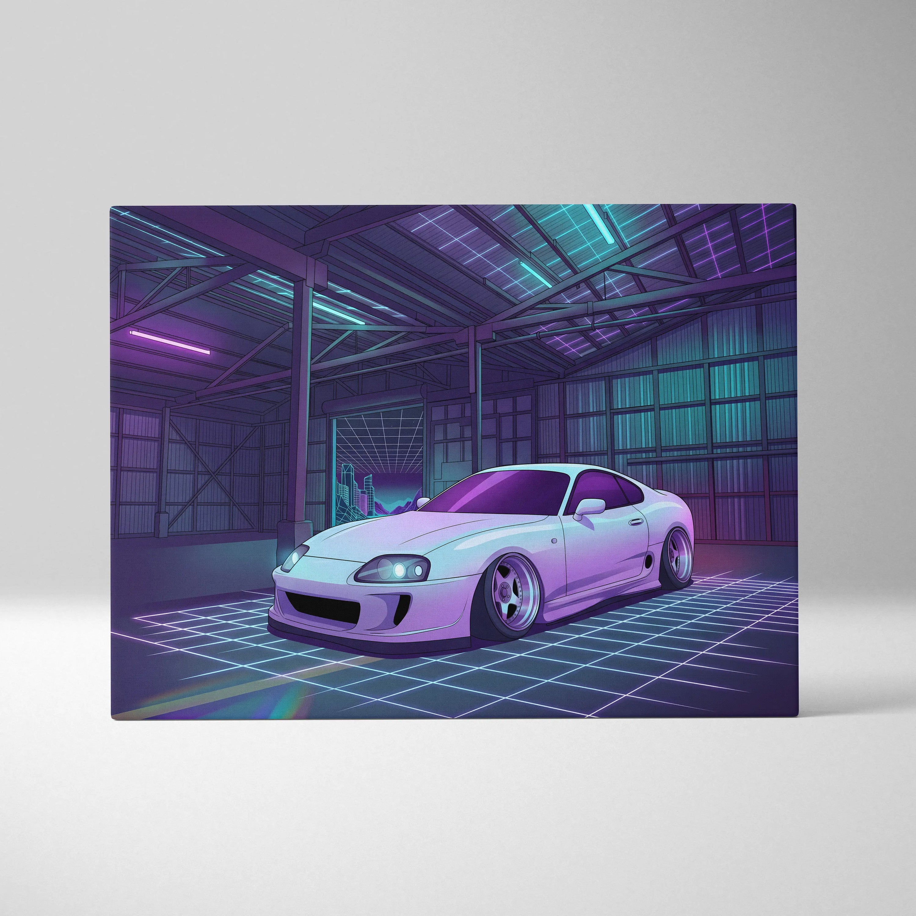 Toyota Supra Mk4 Inspired White Purple Garage Canvas Wall Art Vaporwave JDM Car Artwork, Neon Grid Warehouse Decor Retro Futuristic Print