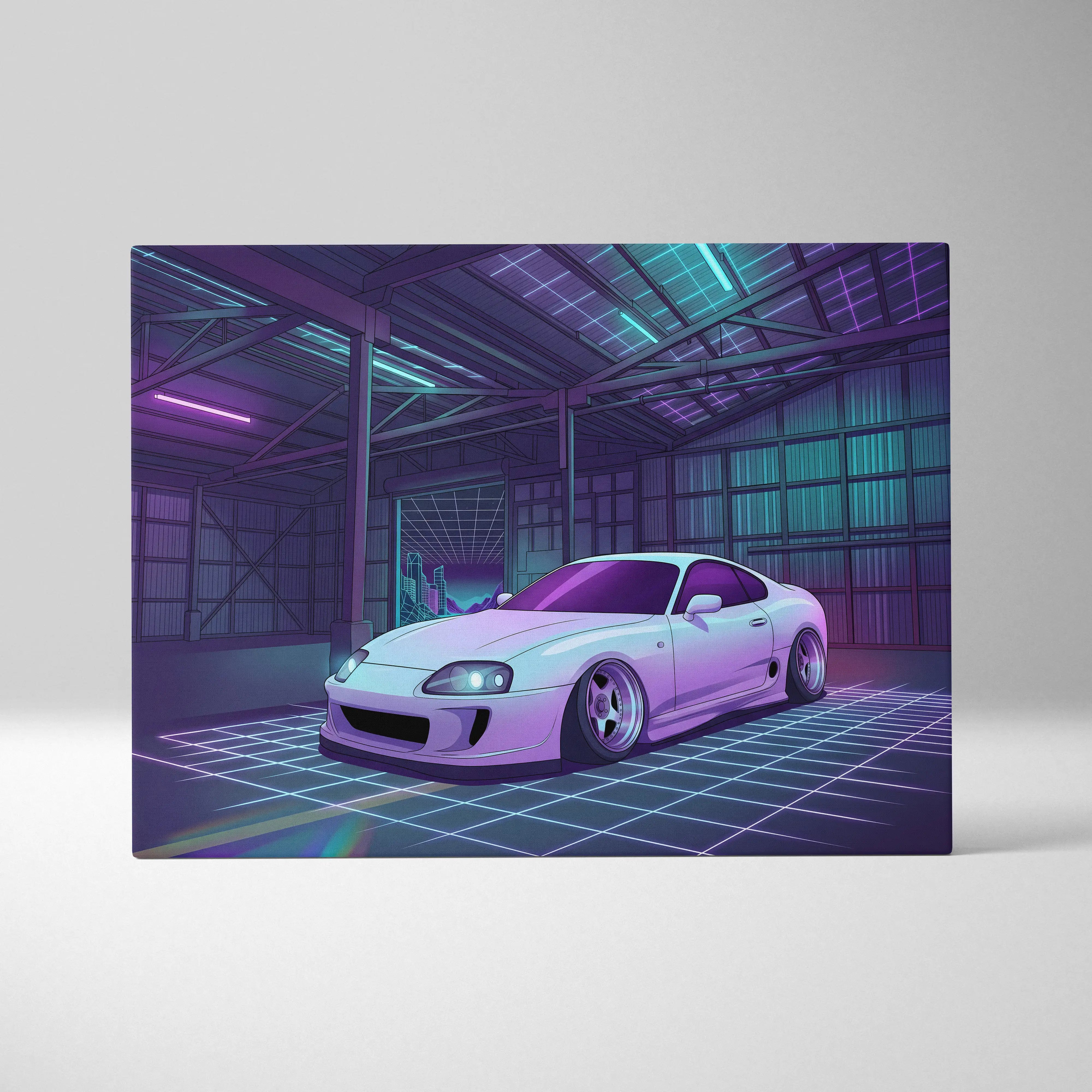 Toyota Supra Mk4 Inspired White Purple Garage Canvas Wall Art Vaporwave JDM Car Artwork, Neon Grid Warehouse Decor Retro Futuristic Print
