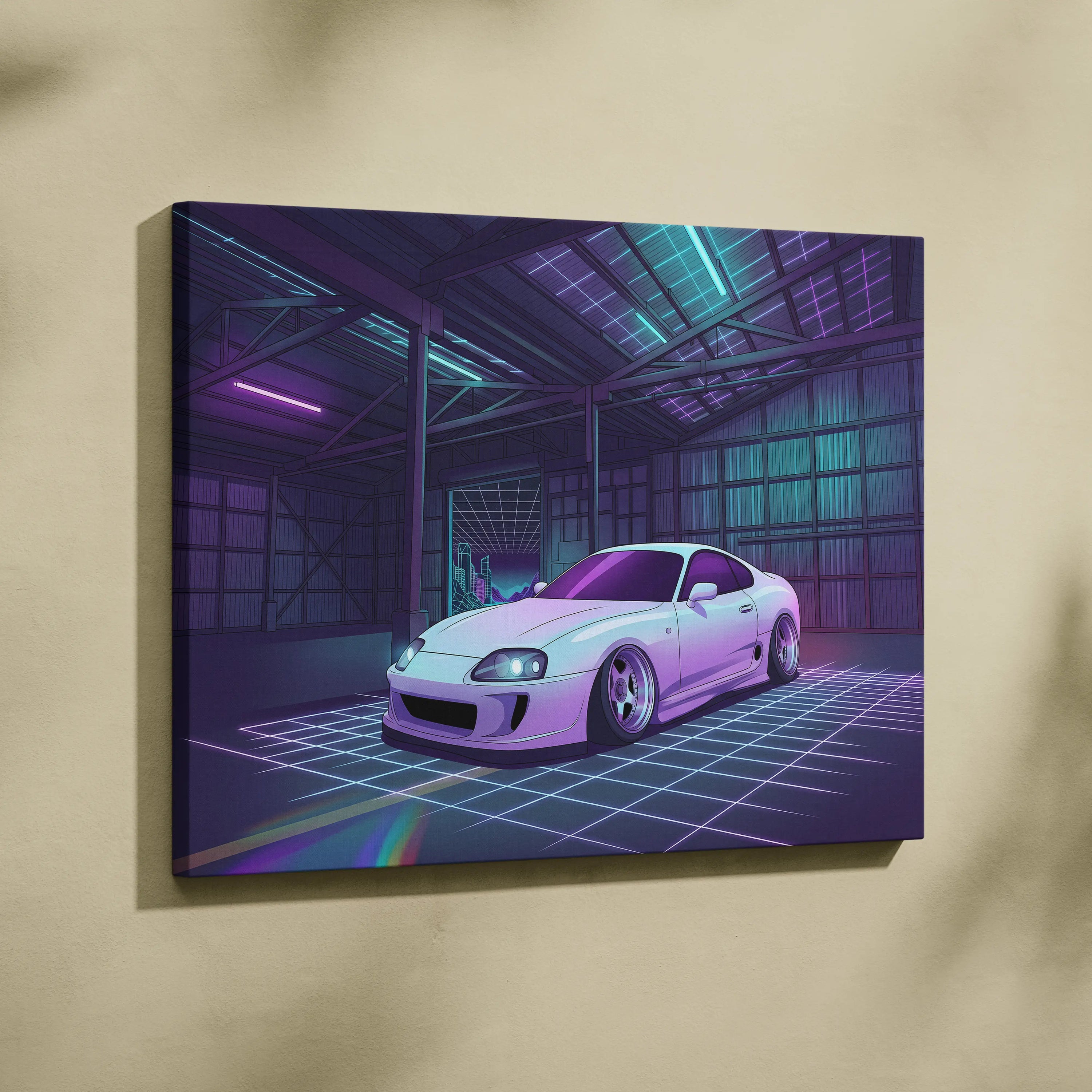 Toyota Supra Mk4 Inspired White Purple Garage Canvas Wall Art Vaporwave JDM Car Artwork, Neon Grid Warehouse Decor Retro Futuristic Print