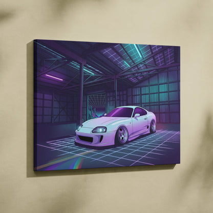 Toyota Supra Mk4 Inspired White Purple Garage Canvas Wall Art Vaporwave JDM Car Artwork, Neon Grid Warehouse Decor Retro Futuristic Print