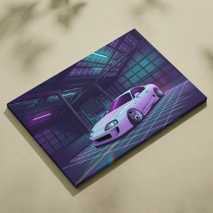 Toyota Supra Mk4 Inspired White Purple Garage Canvas Wall Art Vaporwave JDM Car Artwork, Neon Grid Warehouse Decor Retro Futuristic Print