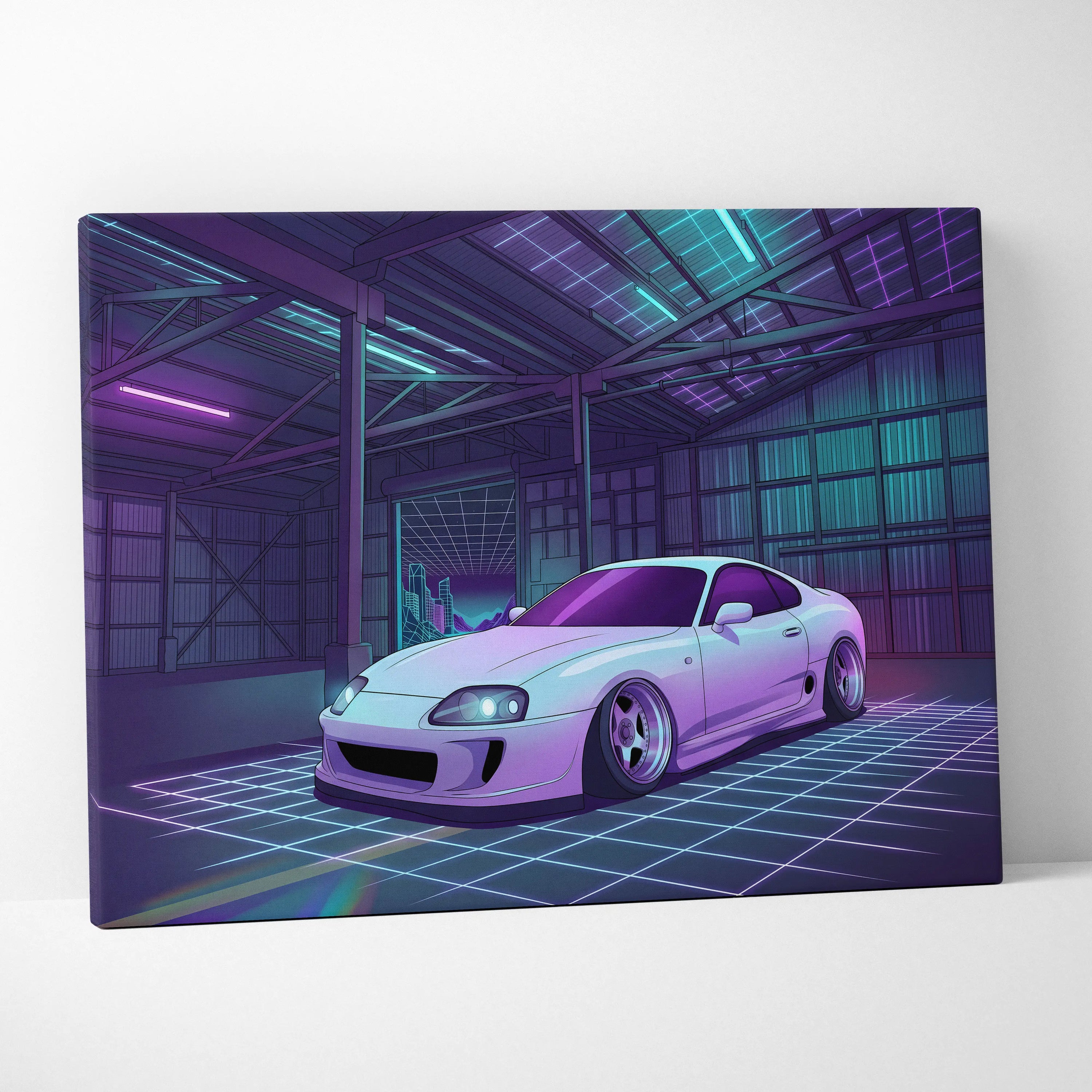 Toyota Supra Mk4 Inspired White Purple Garage Canvas Wall Art Vaporwave JDM Car Artwork, Neon Grid Warehouse Decor Retro Futuristic Print
